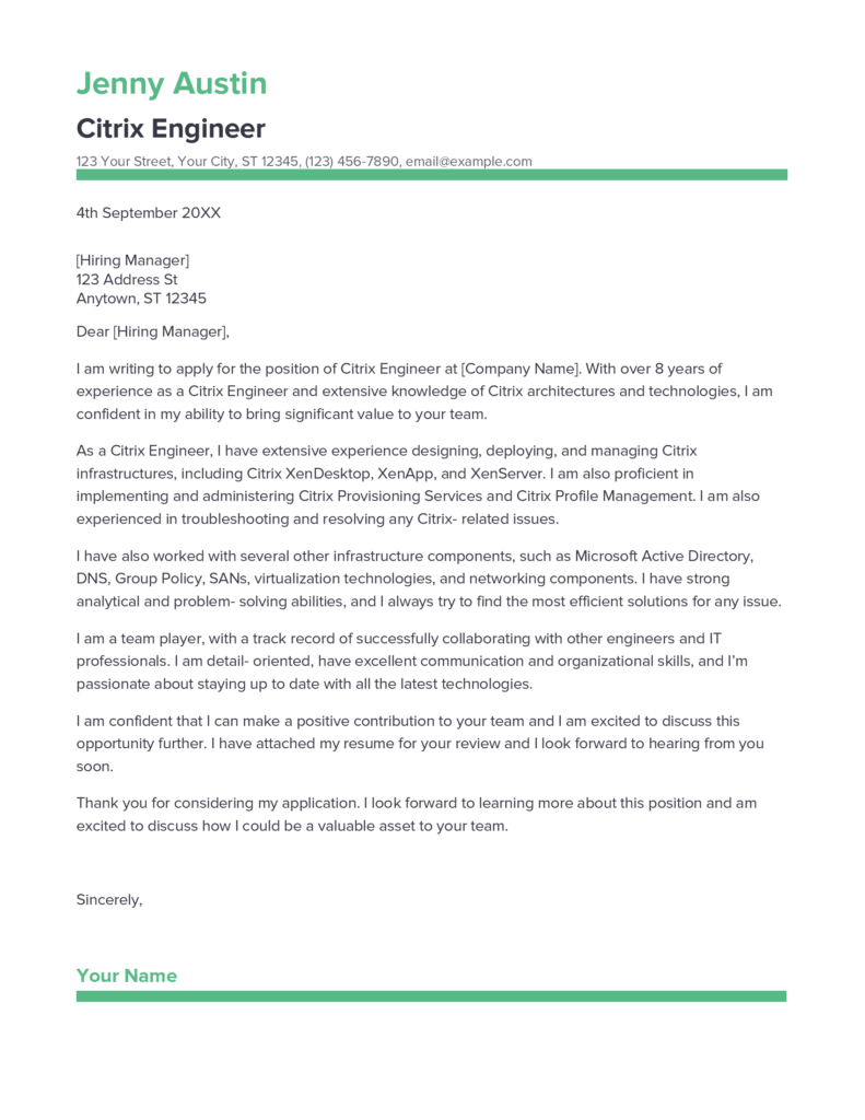 Best Citrix Engineer Cover Letter Example for 2023