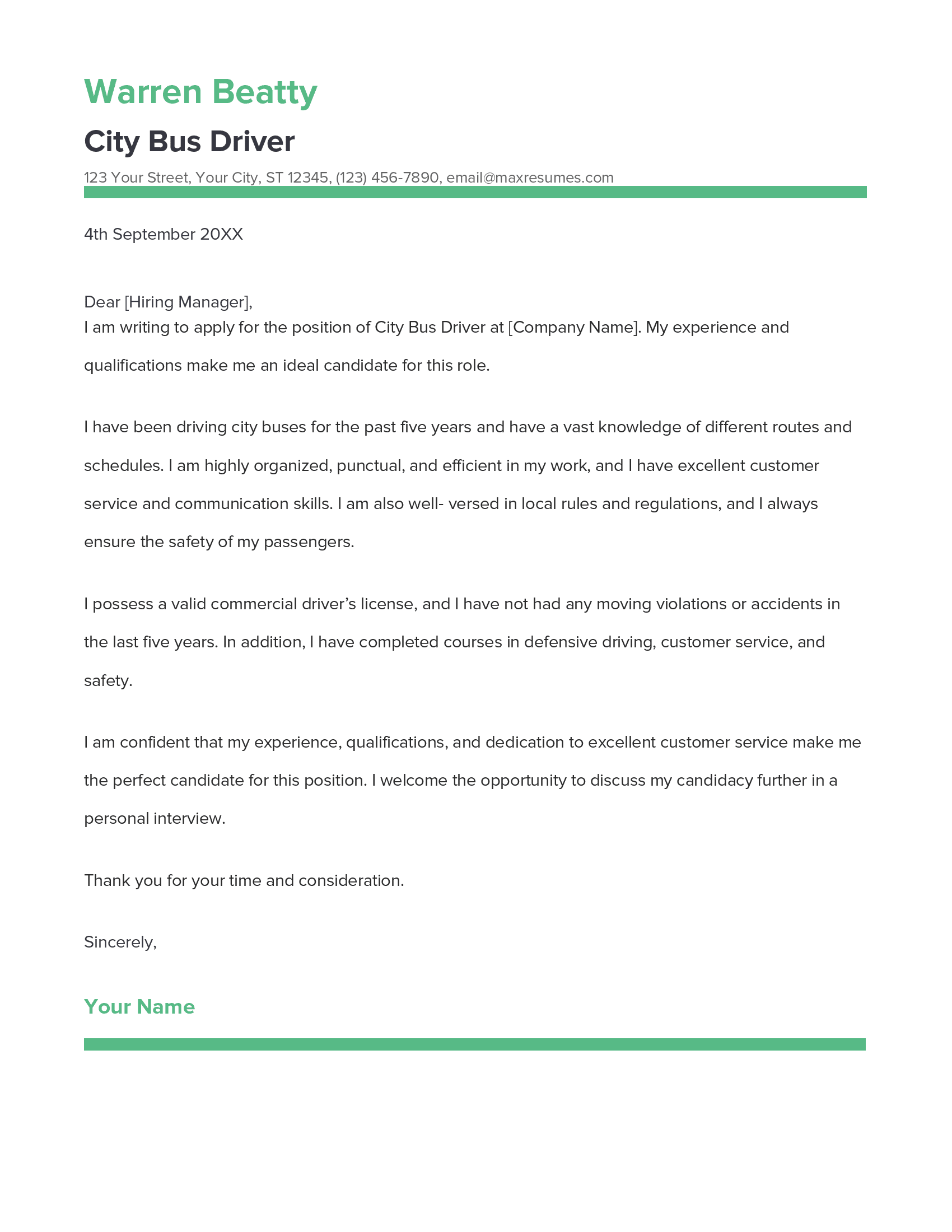 City Bus Driver Cover Letter Example