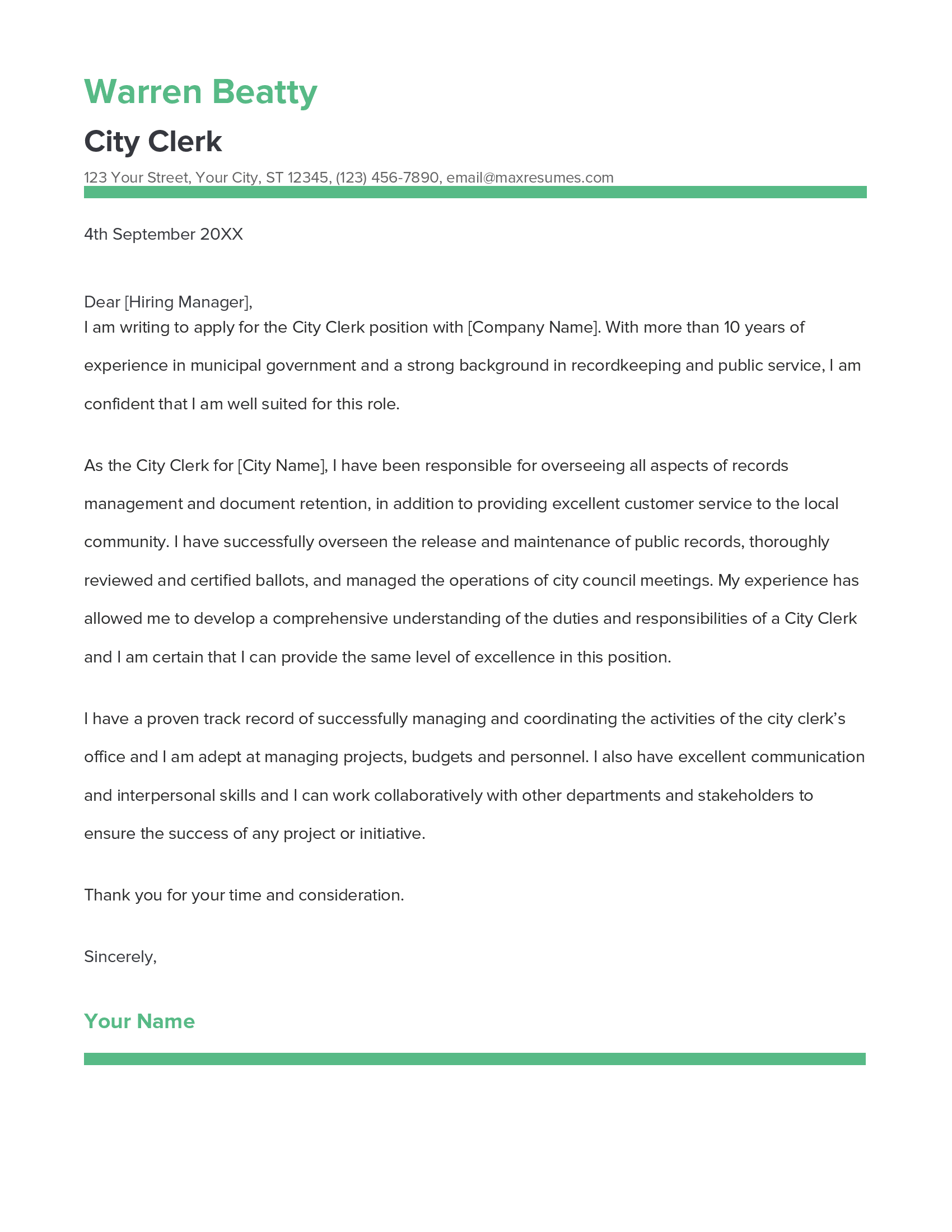 City Clerk Cover Letter Example