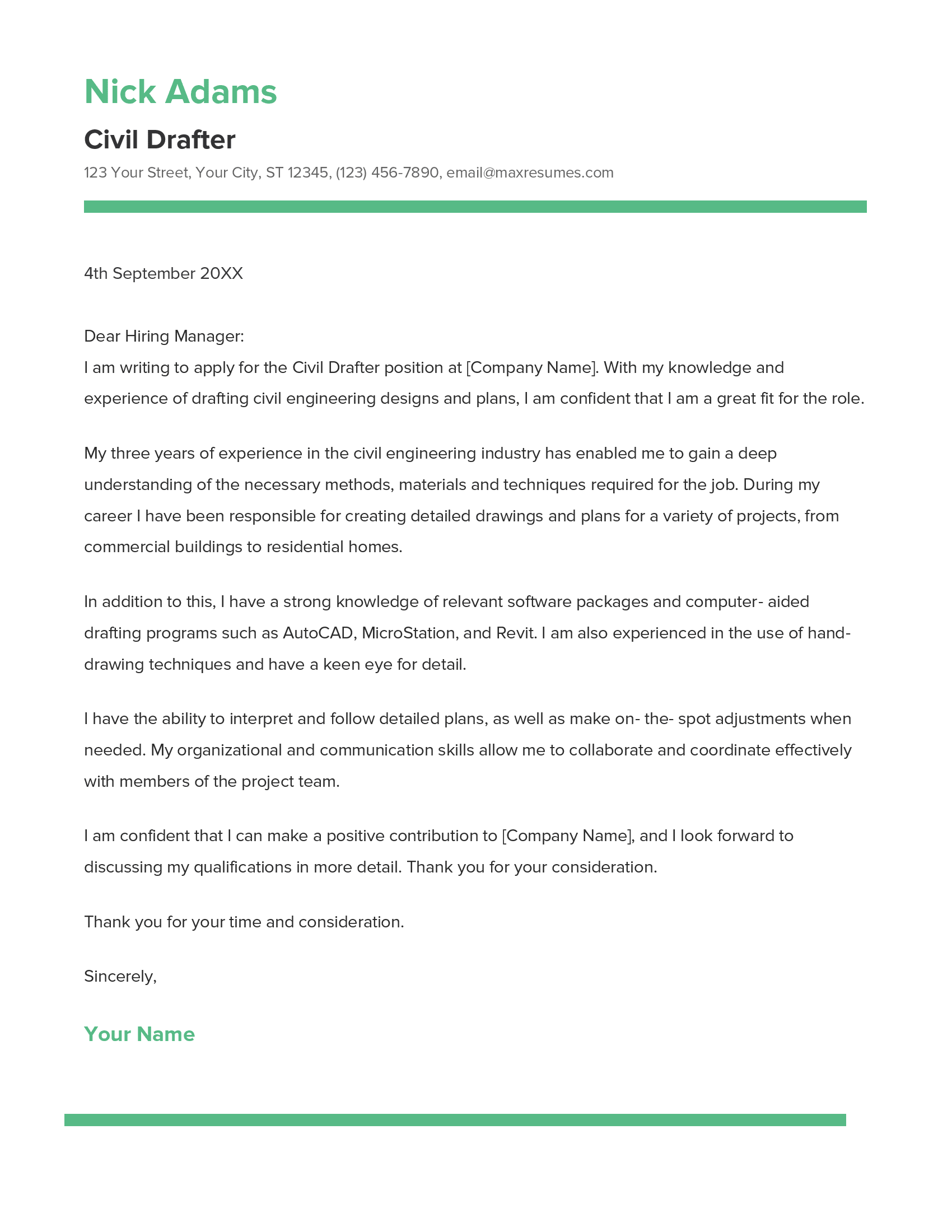 Civil Drafter Cover Letter Example