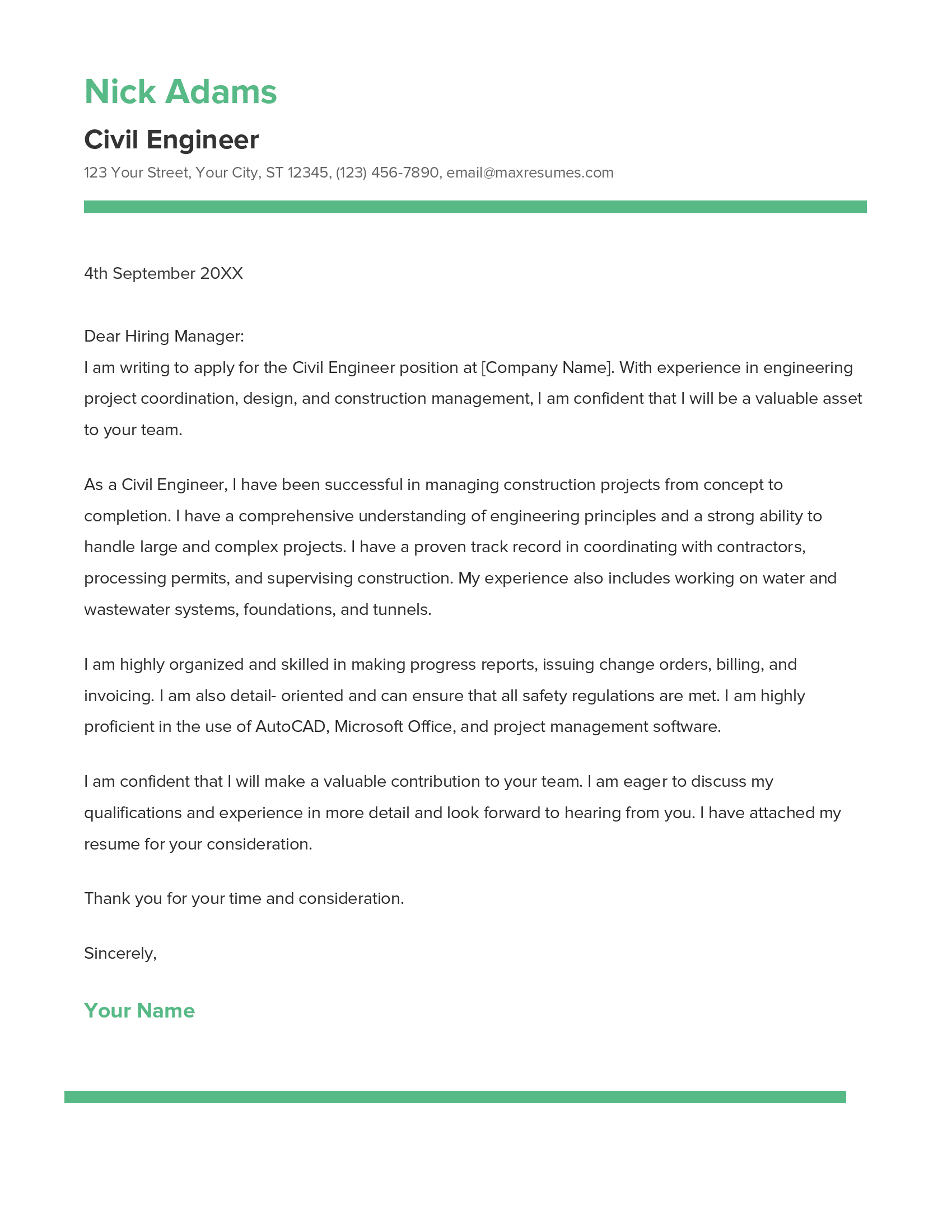 Civil Engineer Cover Letter Example