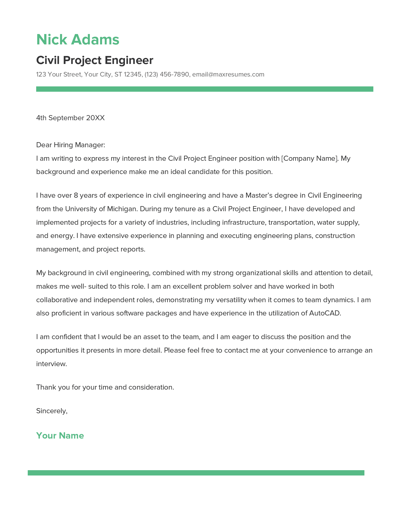 Civil Project Engineer Cover Letter Example