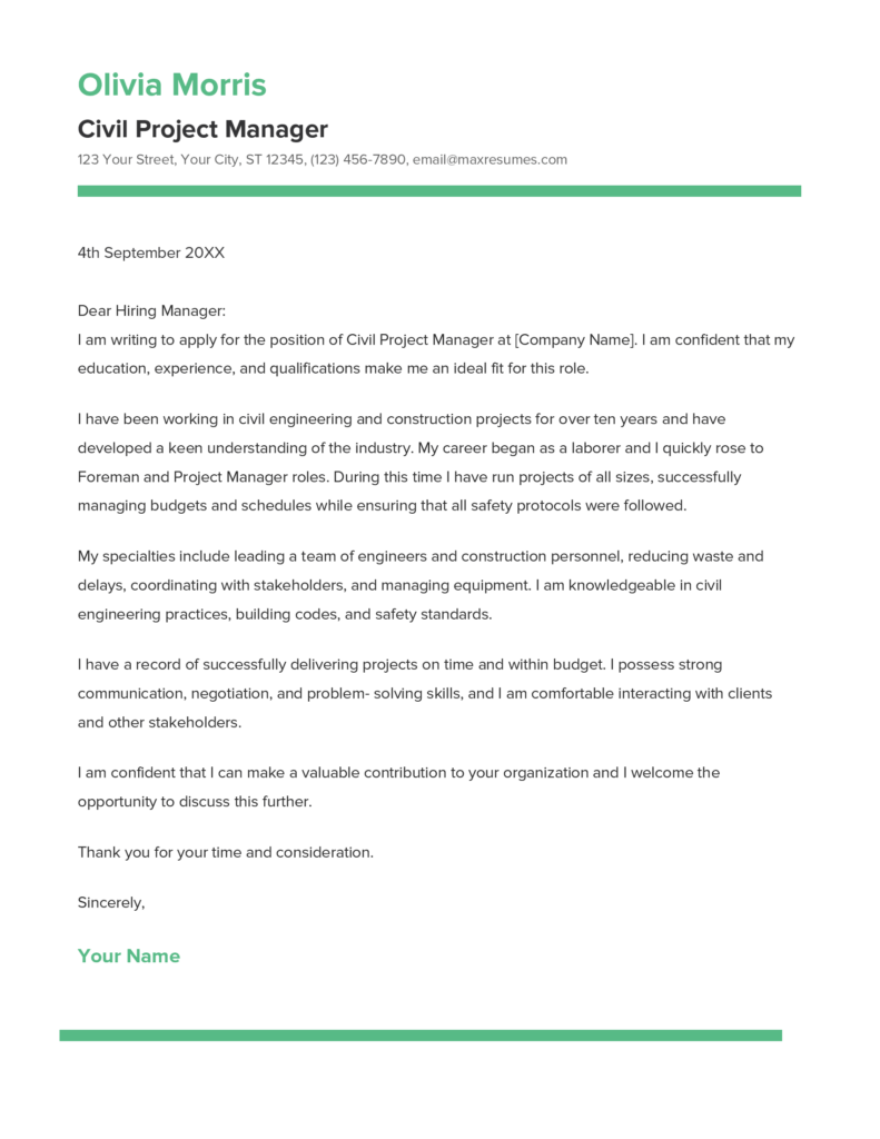 Best Civil Project Manager Cover Letter Example for 2023