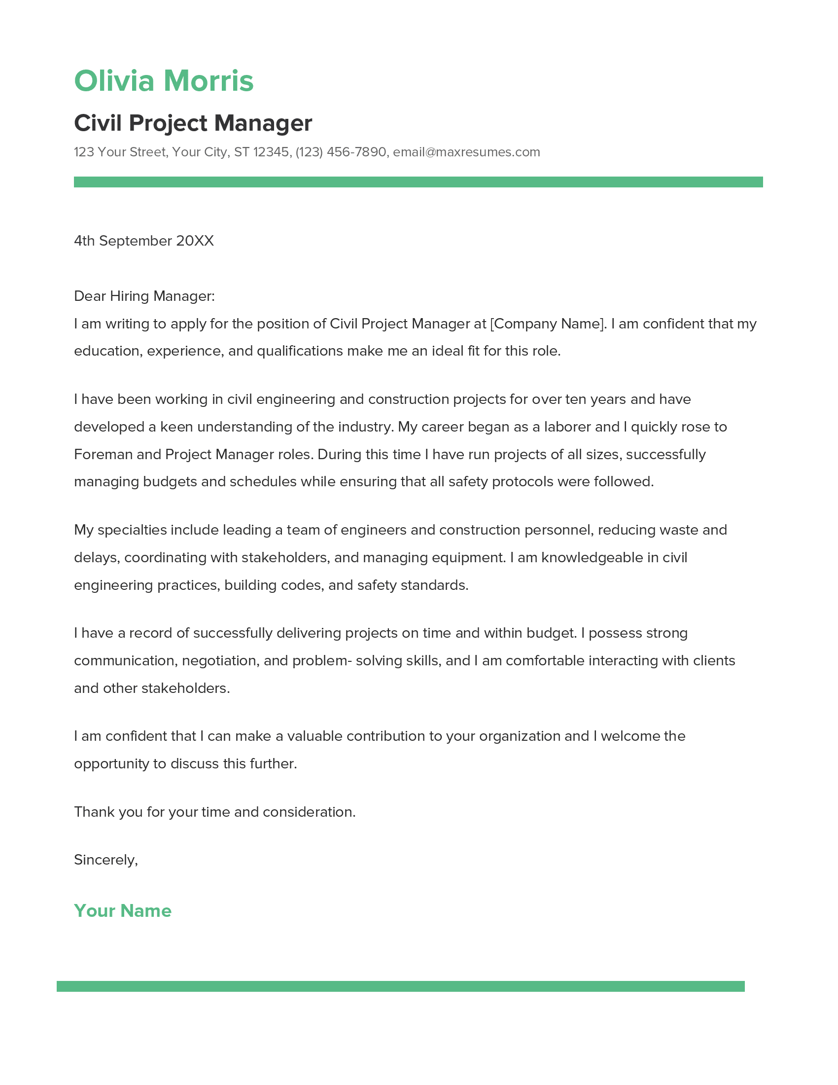 Civil Project Manager Cover Letter Example
