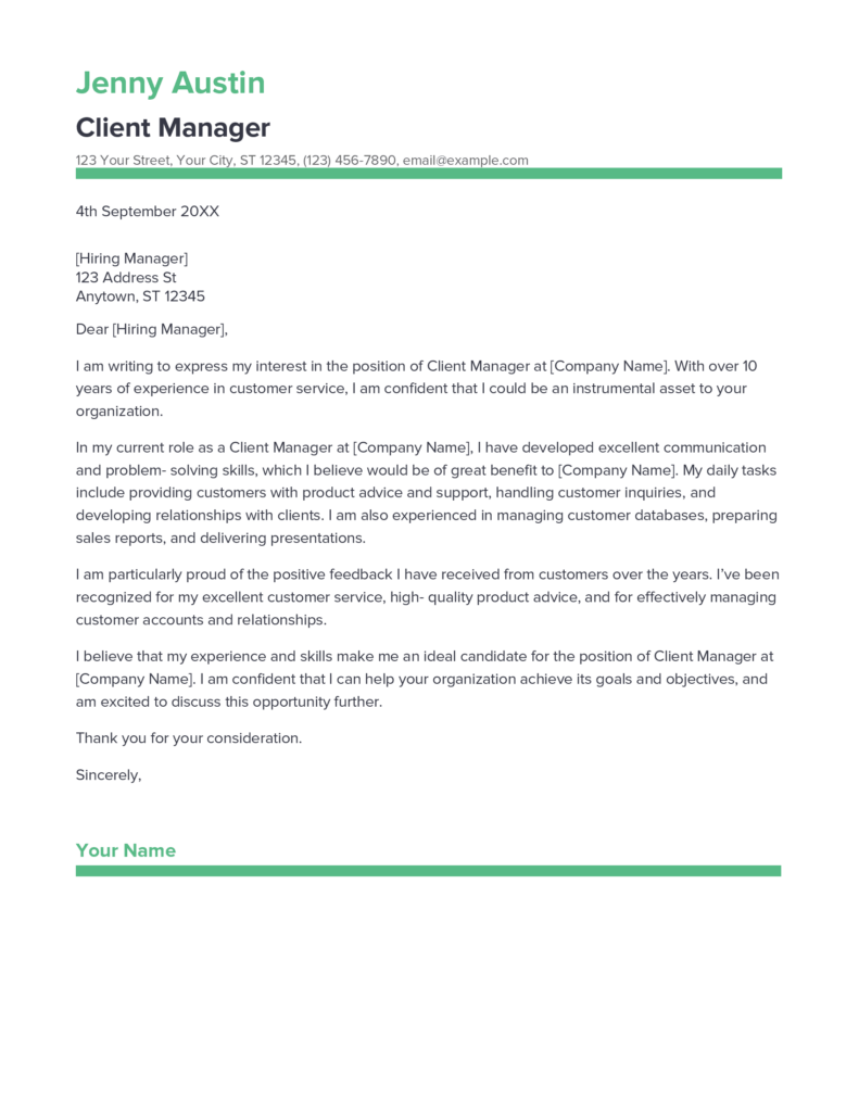 Best Client Manager Cover Letter Example for 2023