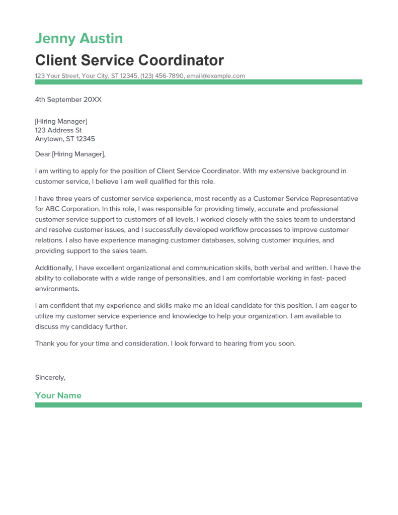 cover letter examples for client service coordinator