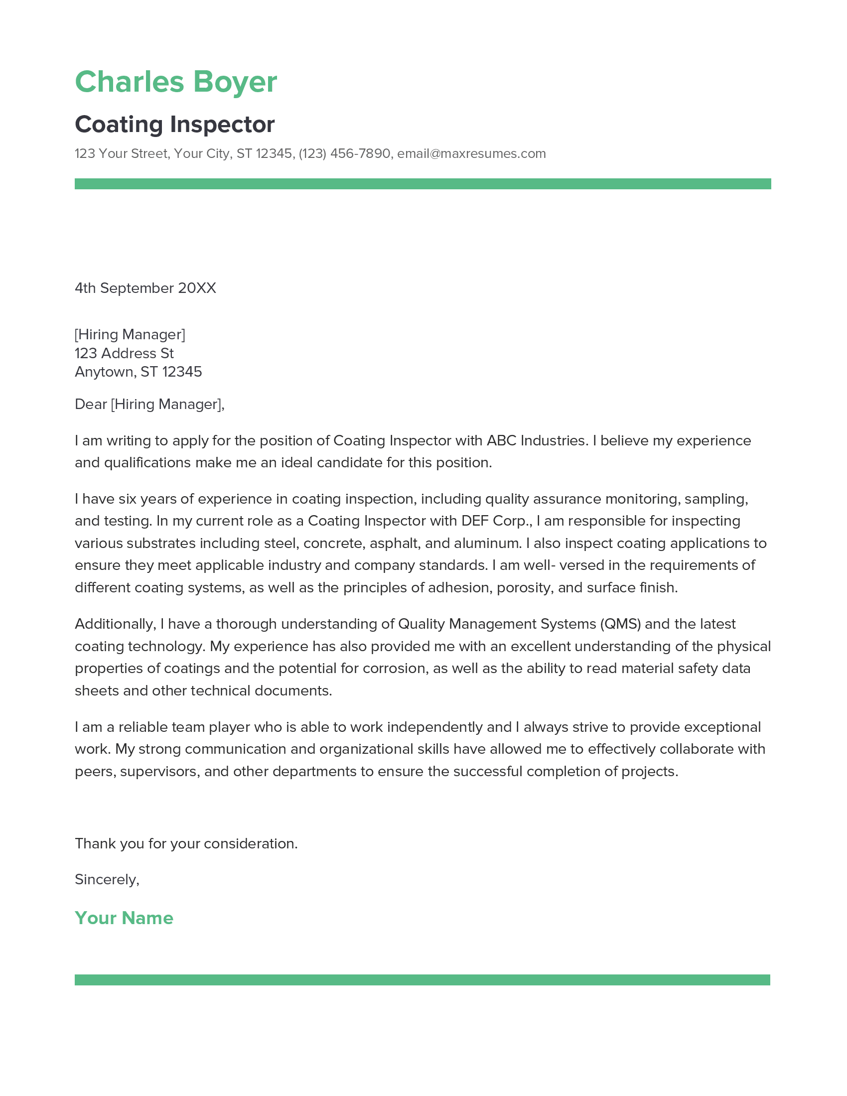 Coating Inspector Cover Letter Example