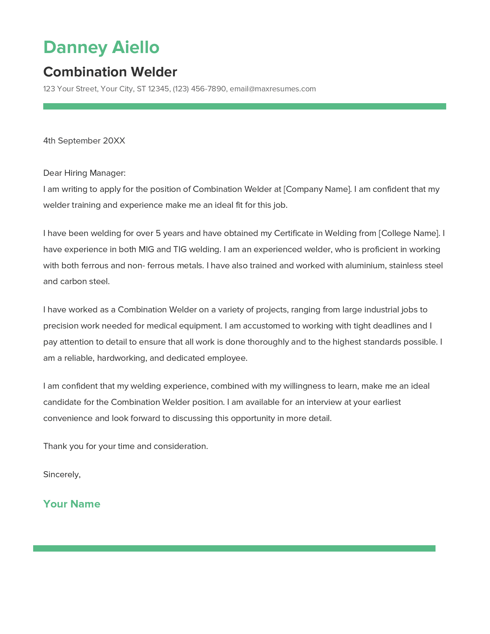 Combination Welder Cover Letter Example