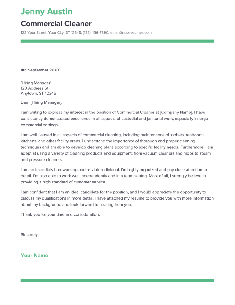 Best Commercial Cleaner Cover Letter Example for 2023