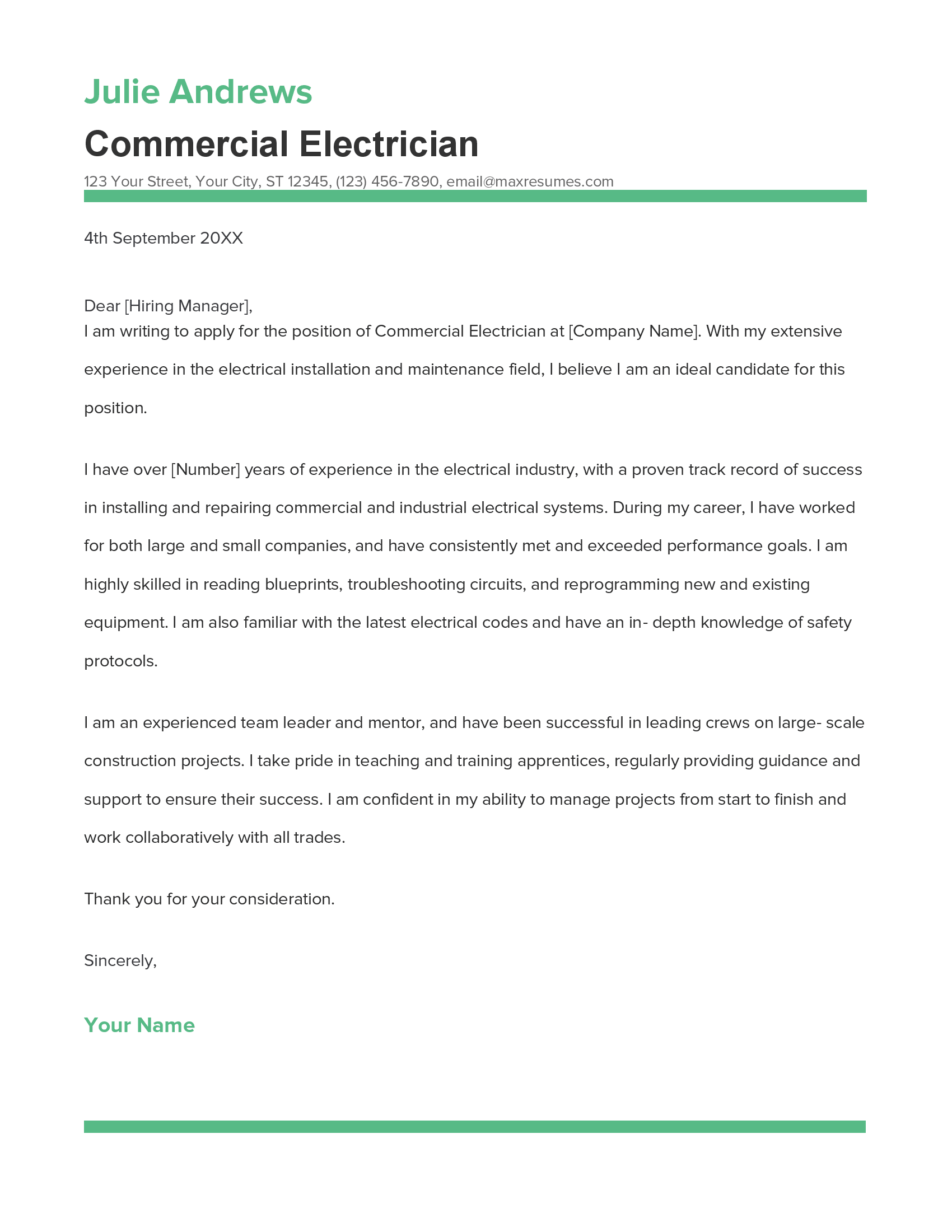 Commercial Electrician Cover Letter Example