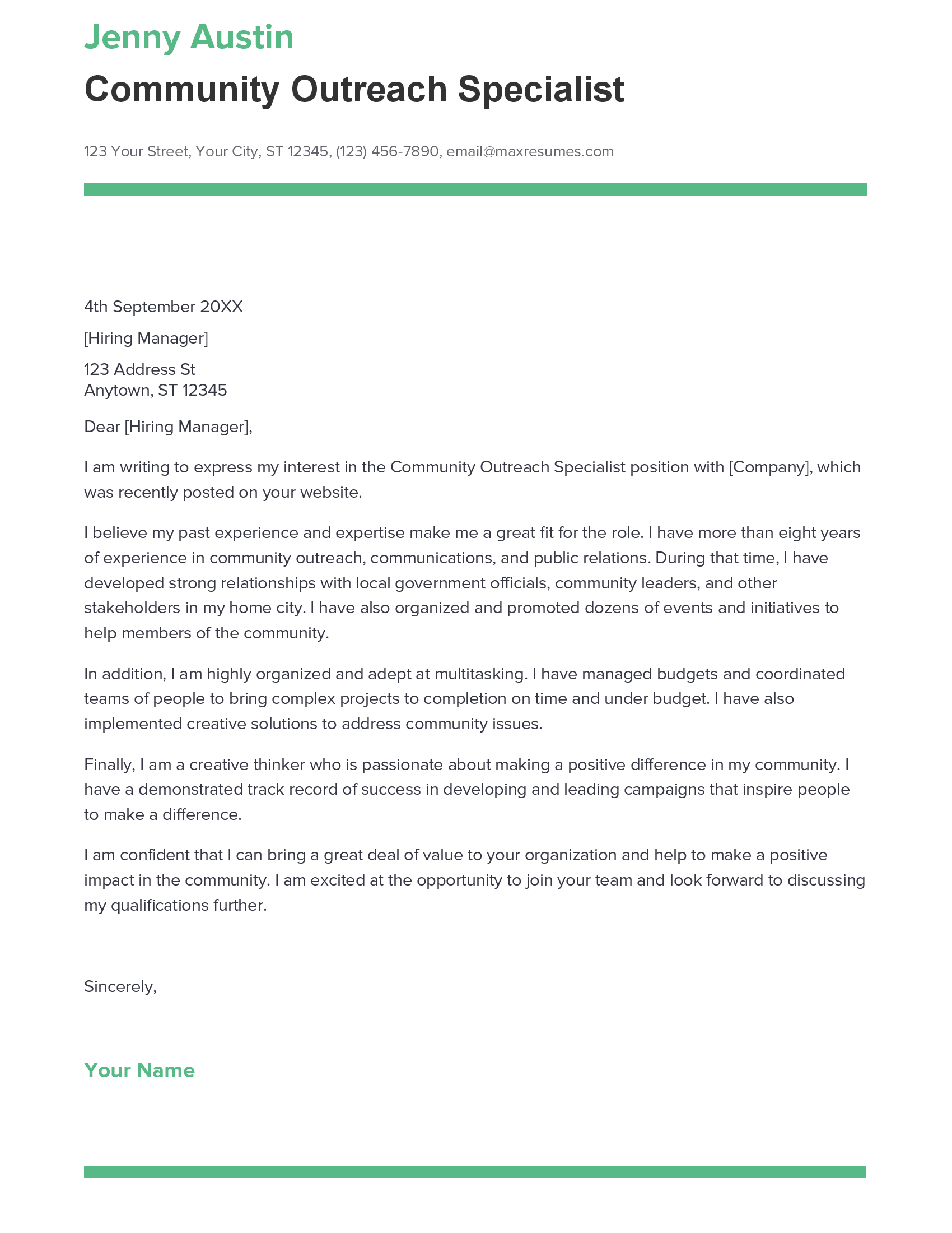 community outreach manager cover letter