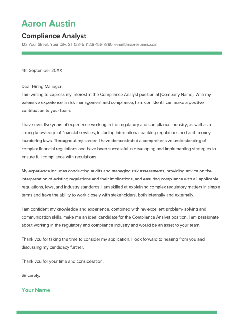 Best Compliance Analyst Cover Letter Example For 2023   Compliance Analyst Cove Letter 791x1024 