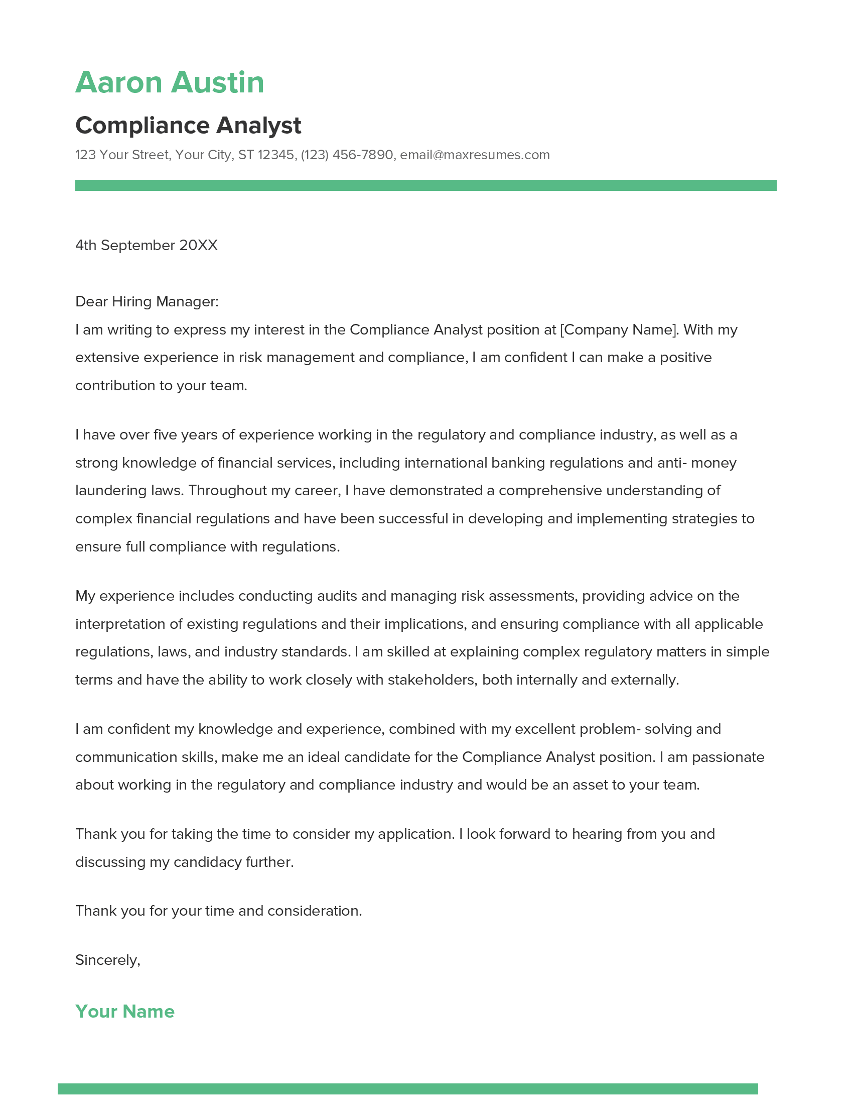 Compliance Analyst Cover Letter Example
