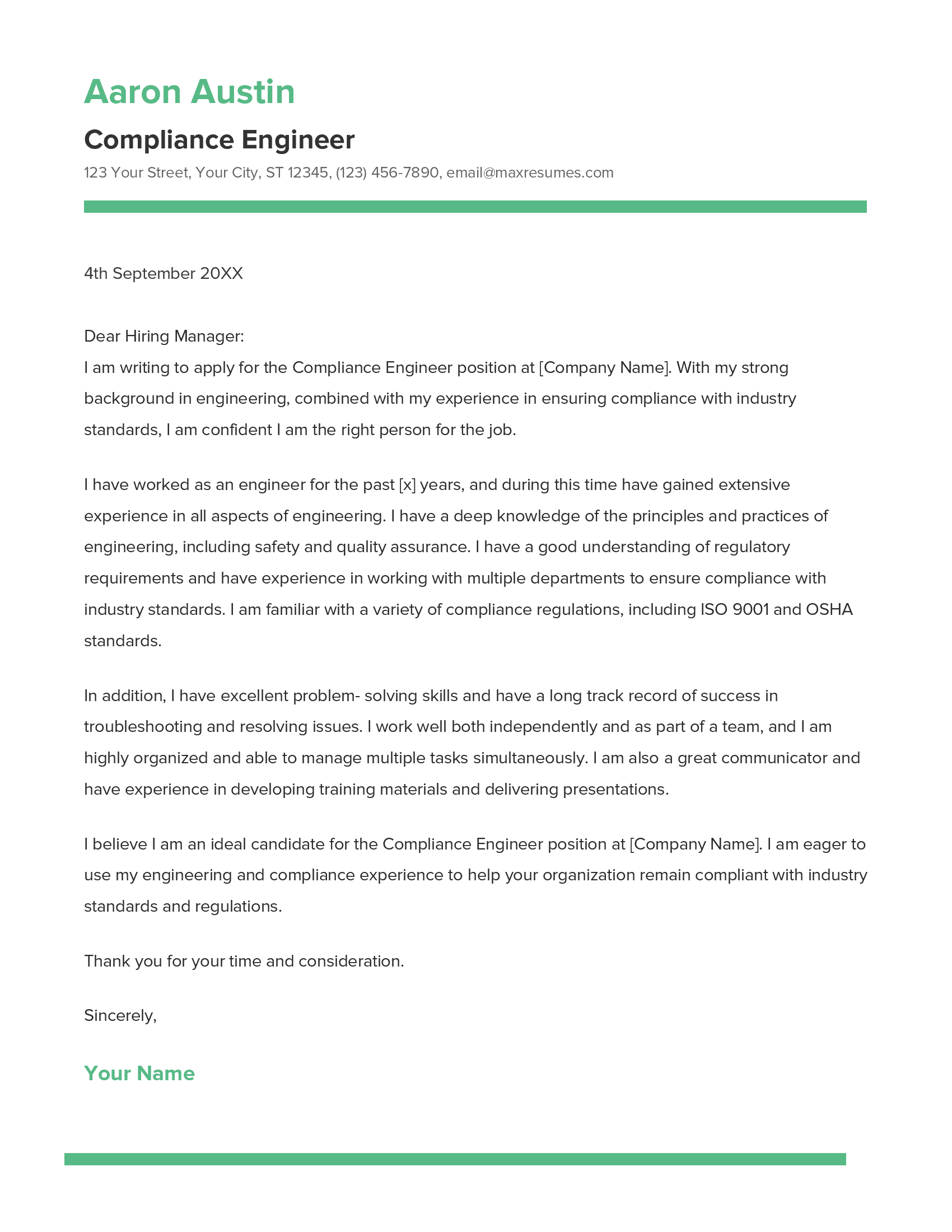 Compliance Engineer Cover Letter Example