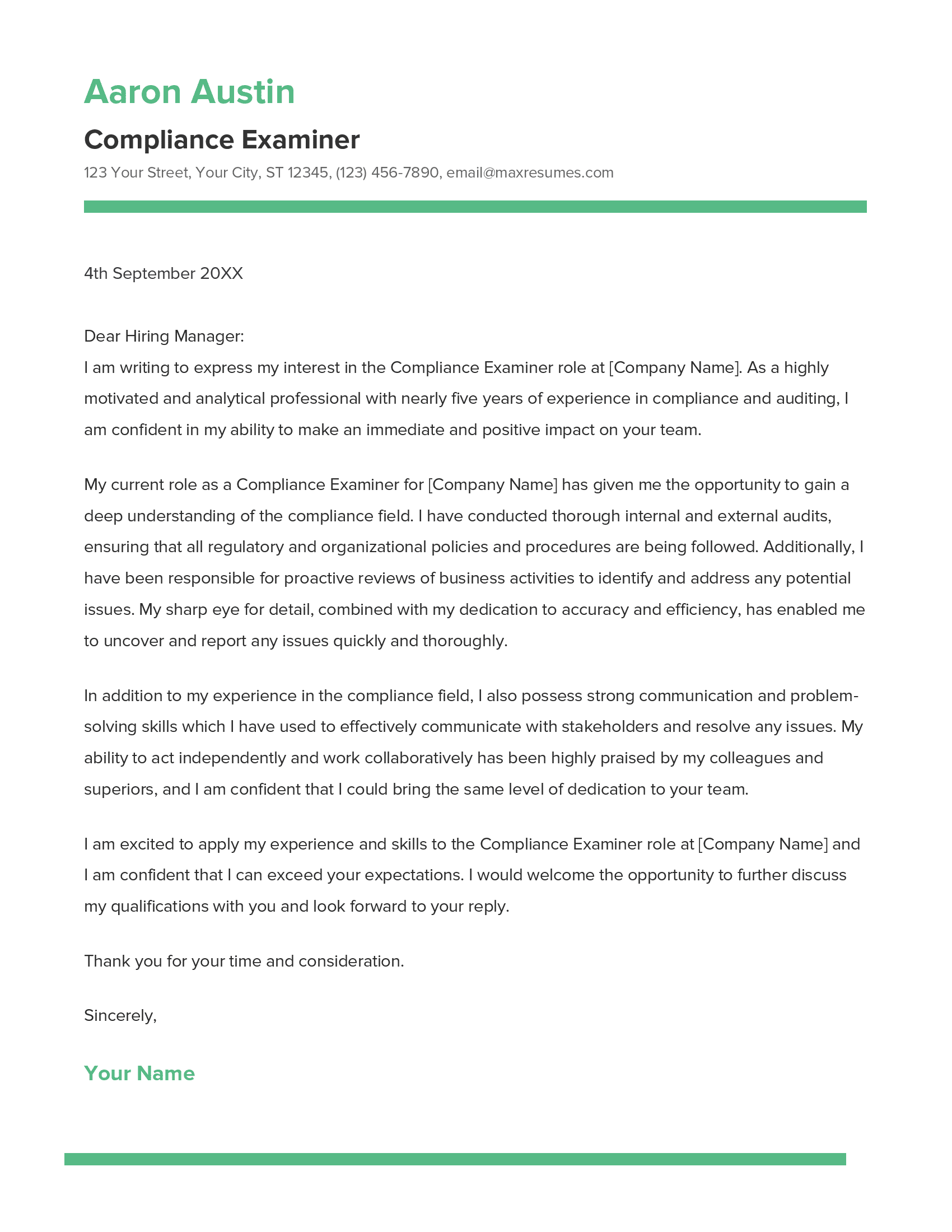 Compliance Examiner Cover Letter Example