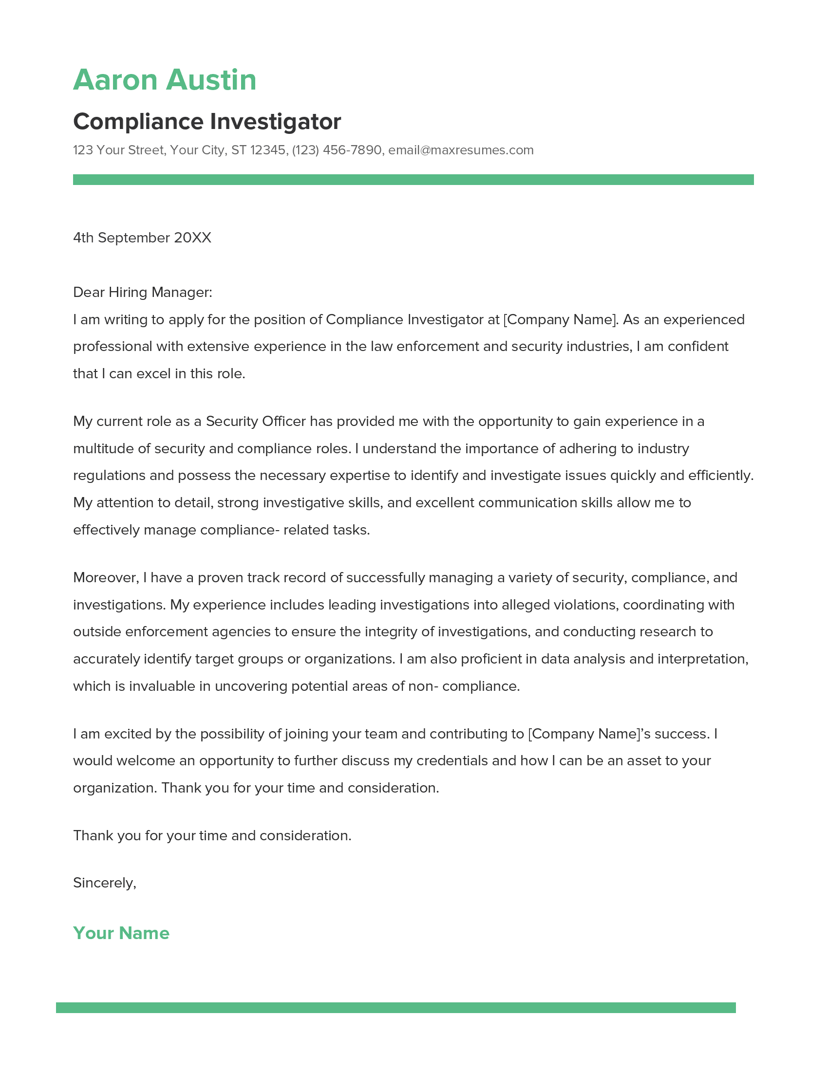 Compliance Investigator Cover Letter Example
