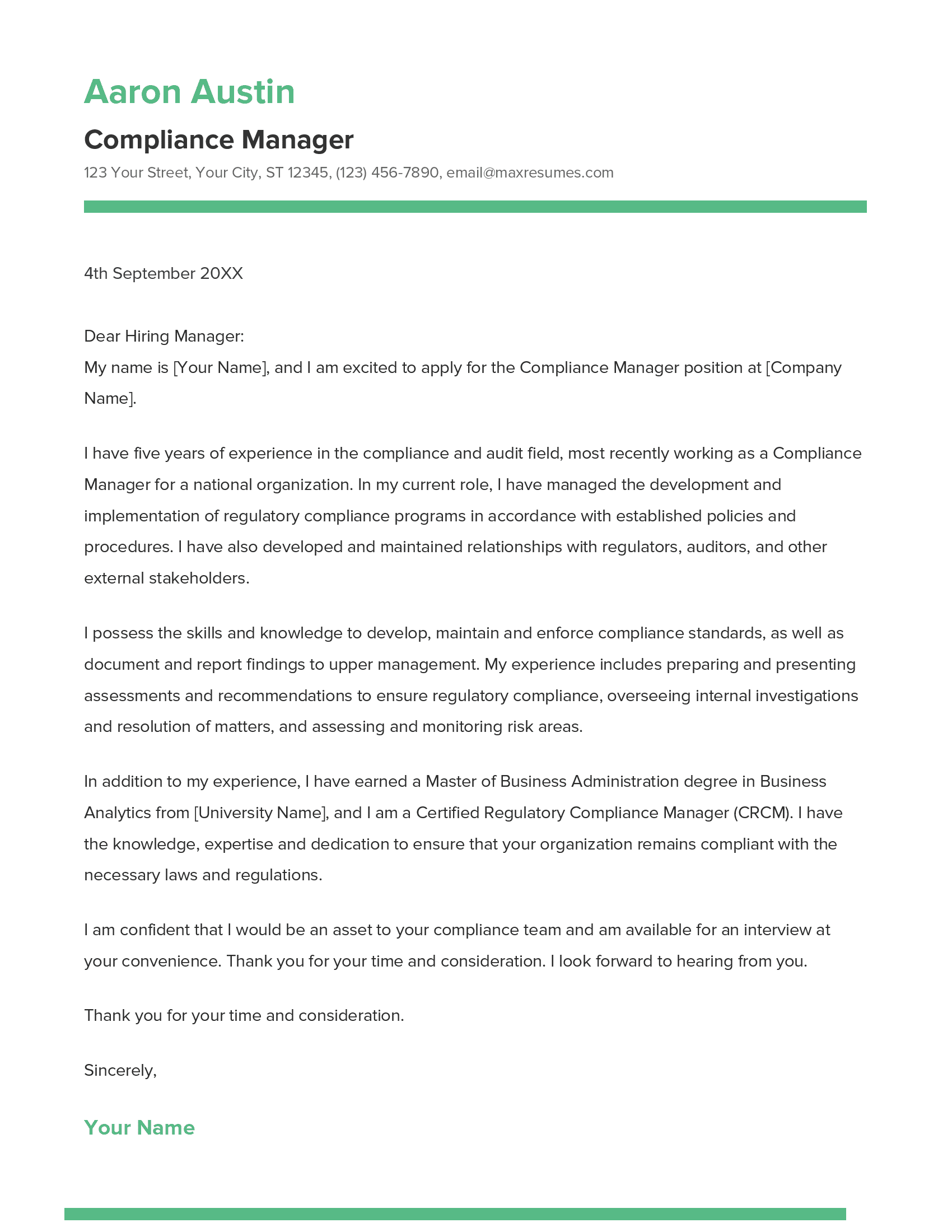 Compliance Manager Cover Letter Example