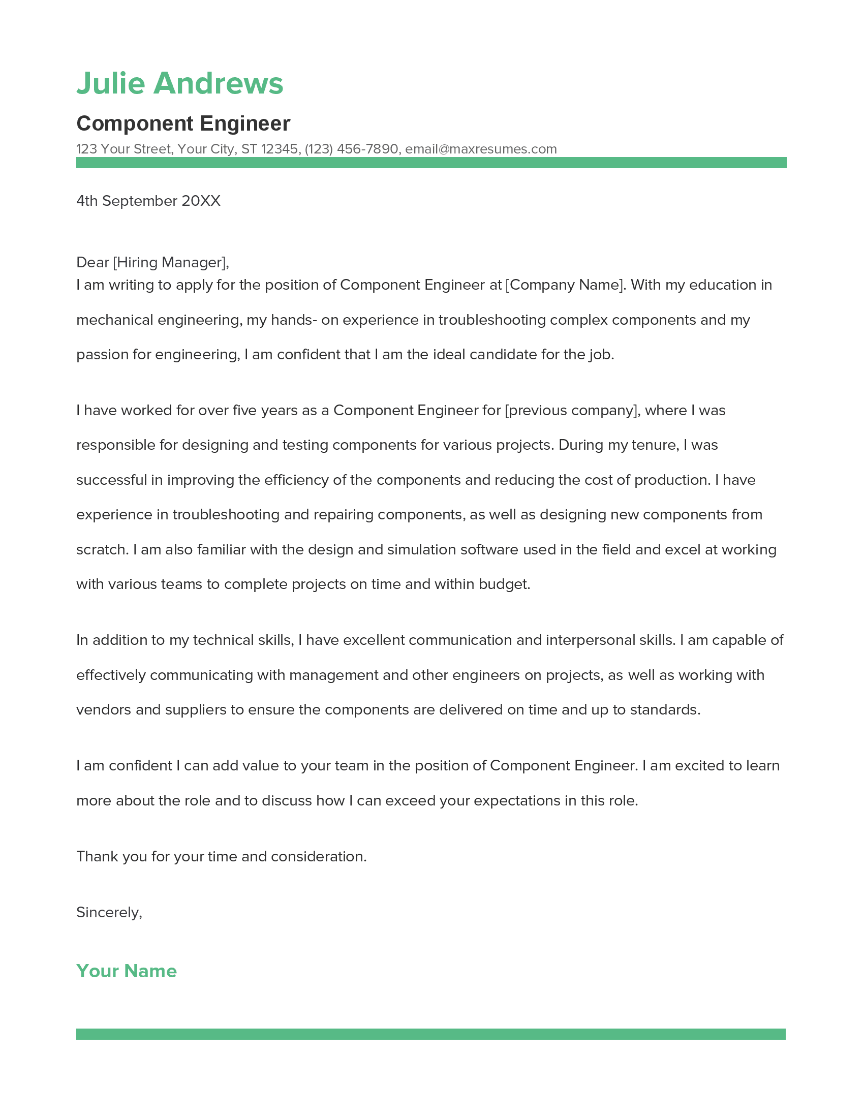 Component Engineer Cover Letter Example