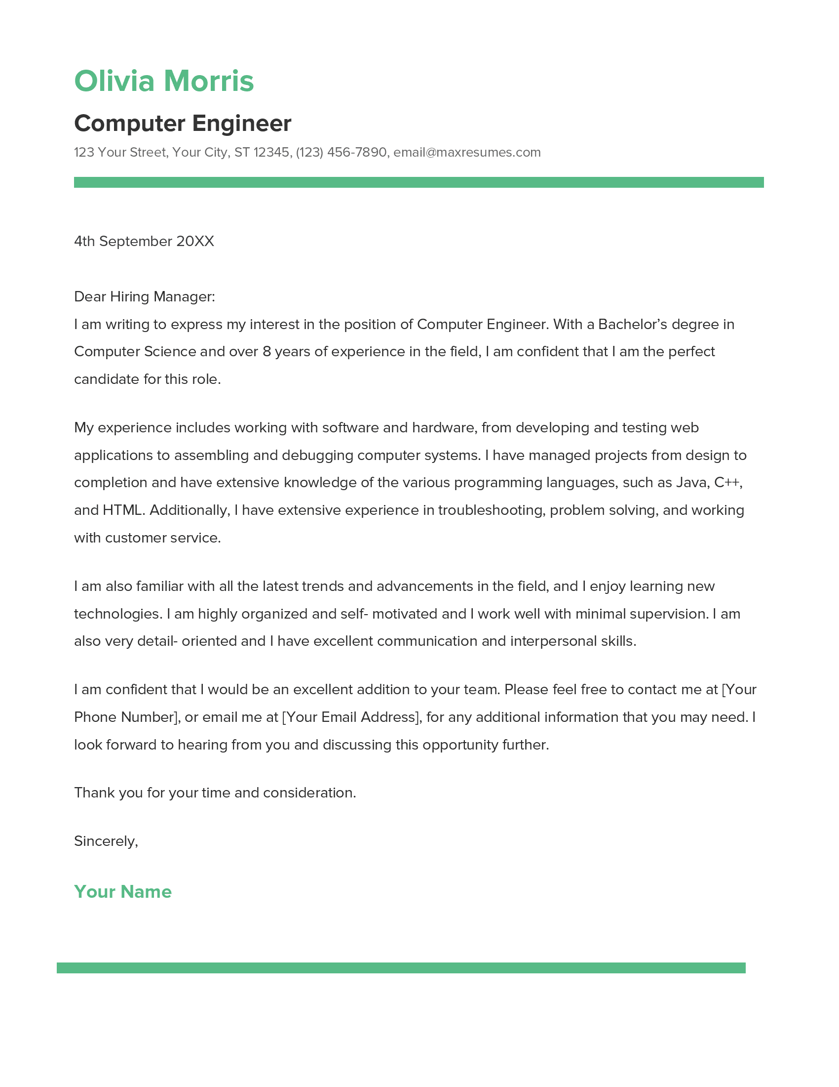 Computer Engineer Cover Letter Example