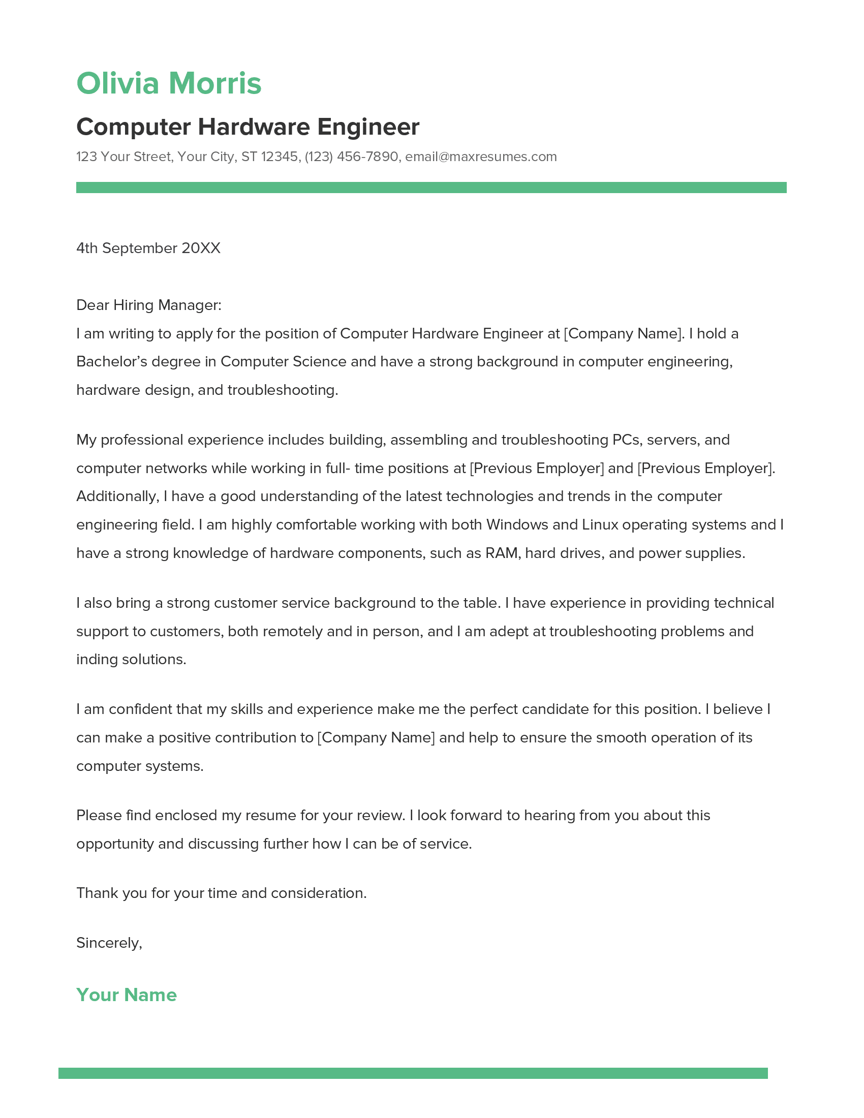 Computer Hardware Engineer Cover Letter Example