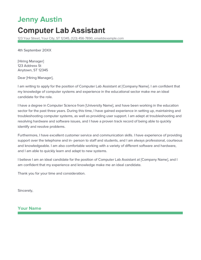 Best Computer Lab Assistant Cover Letter Example for 2023