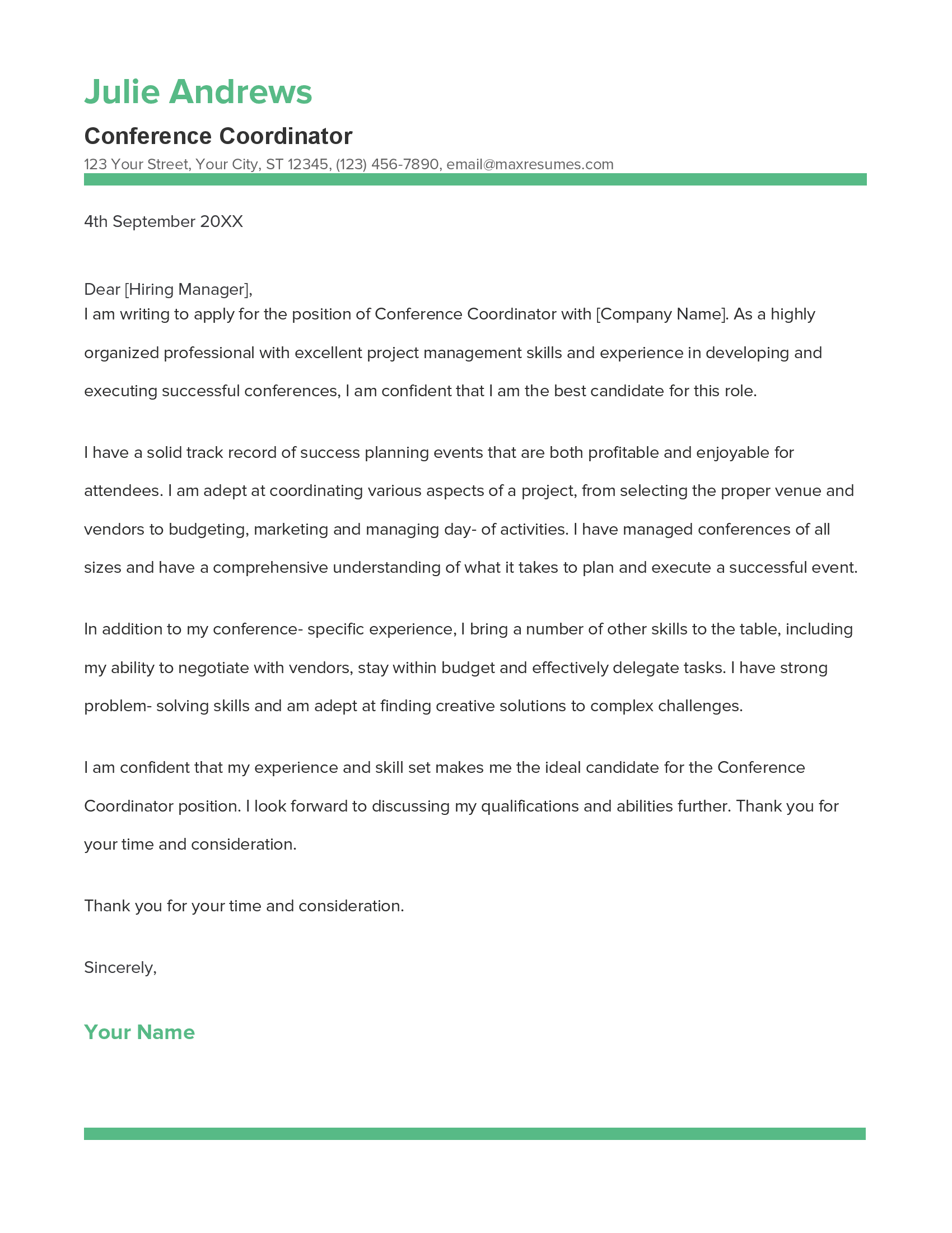 Conference Coordinator Cover Letter Example