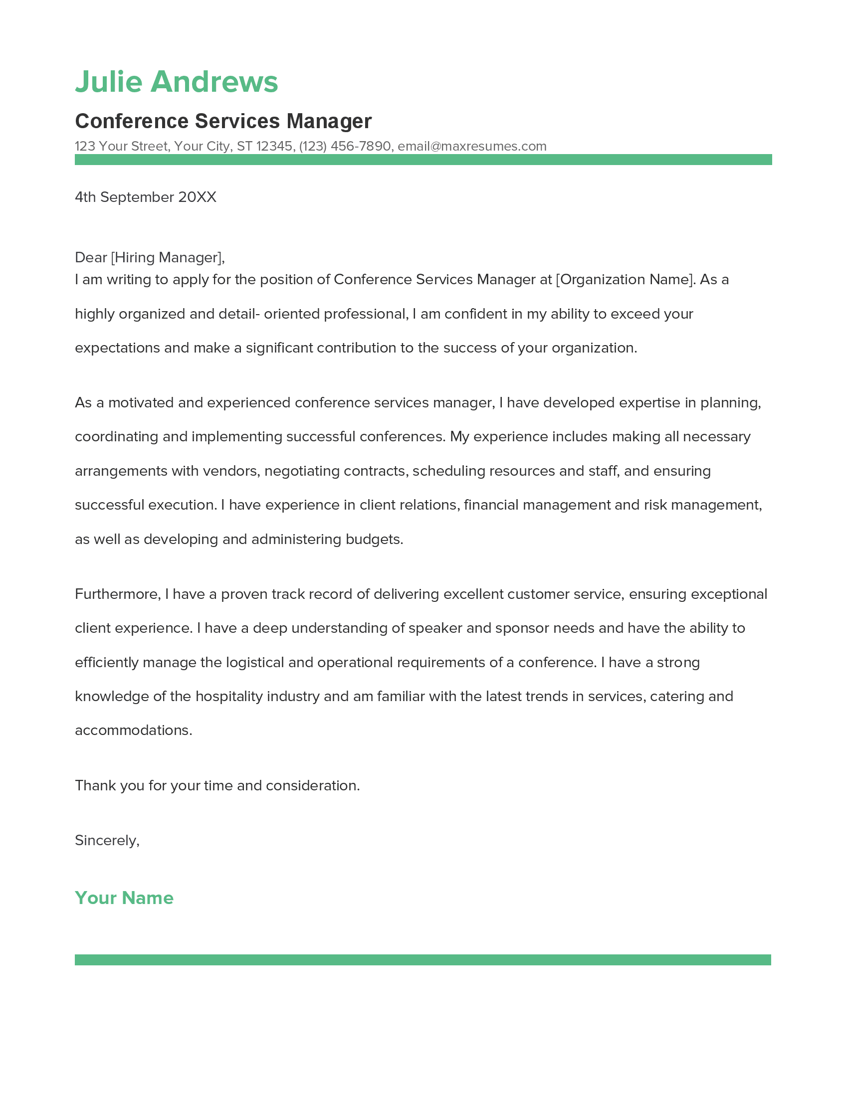 Conference Services Manager Cover Letter Example