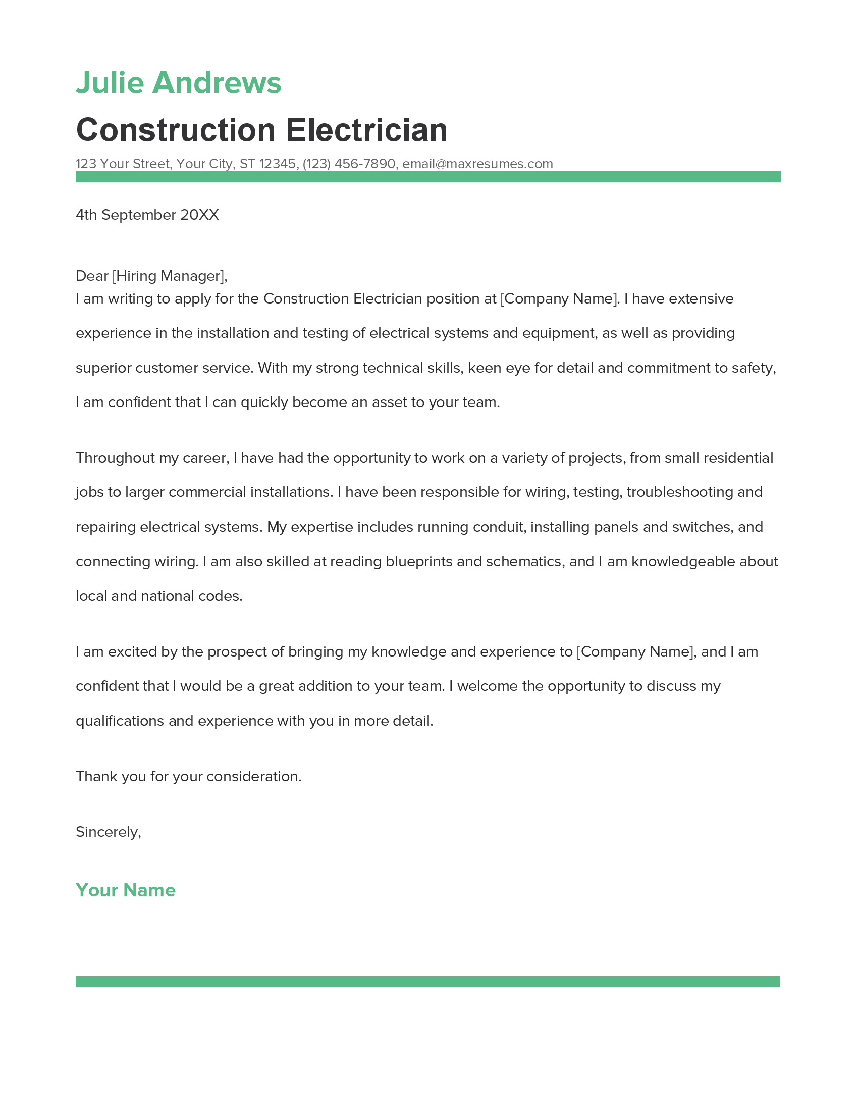 Construction Electrician Cover Letter Example