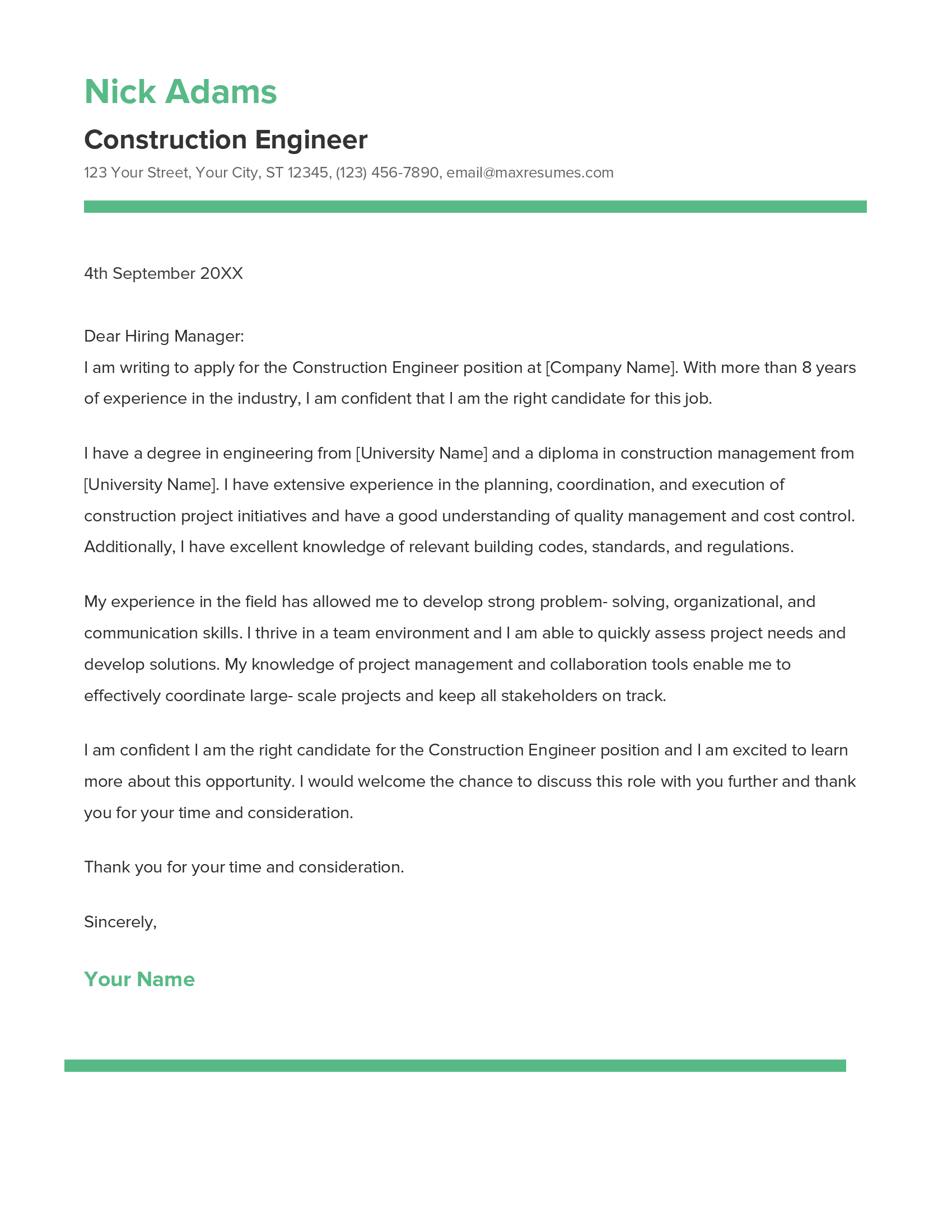 Construction Engineer Cover Letter Example