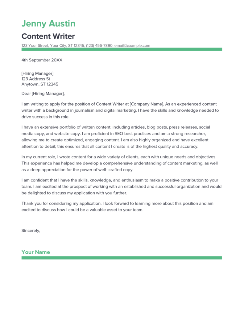 content writer cover letter no experience