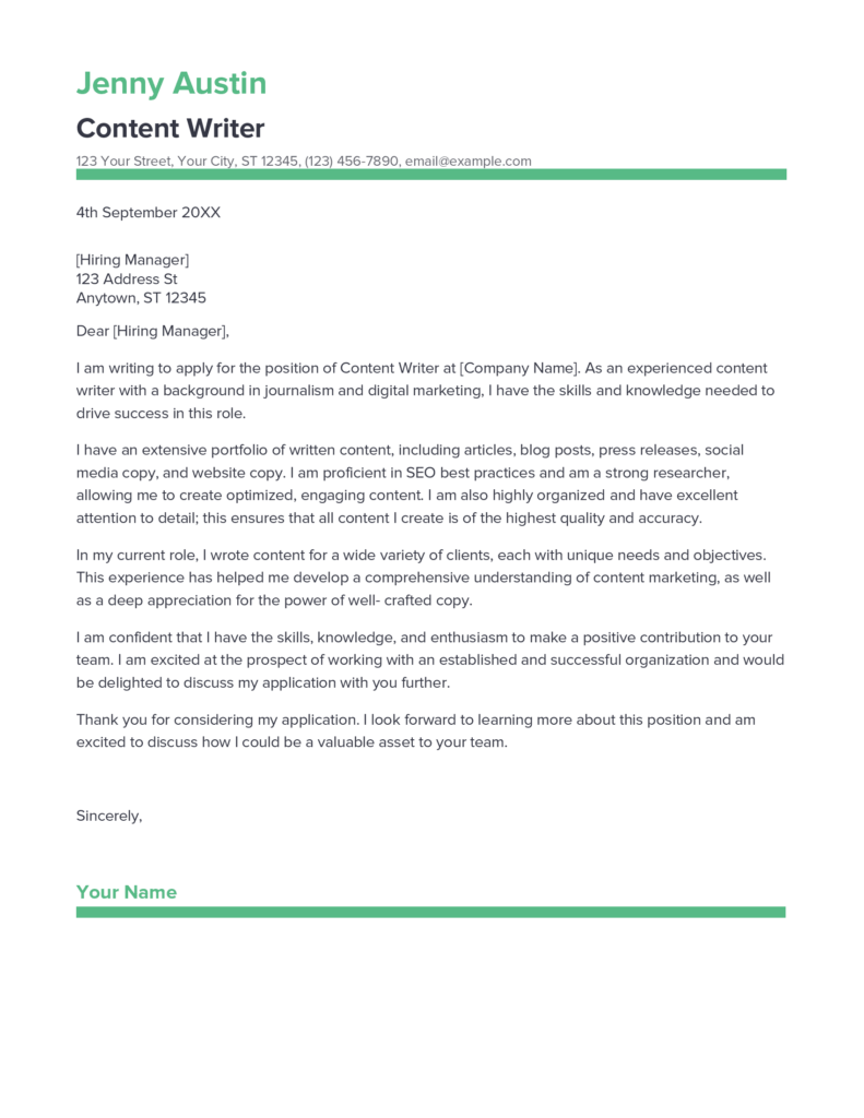 Best Content Writer Cover Letter Example for 2023