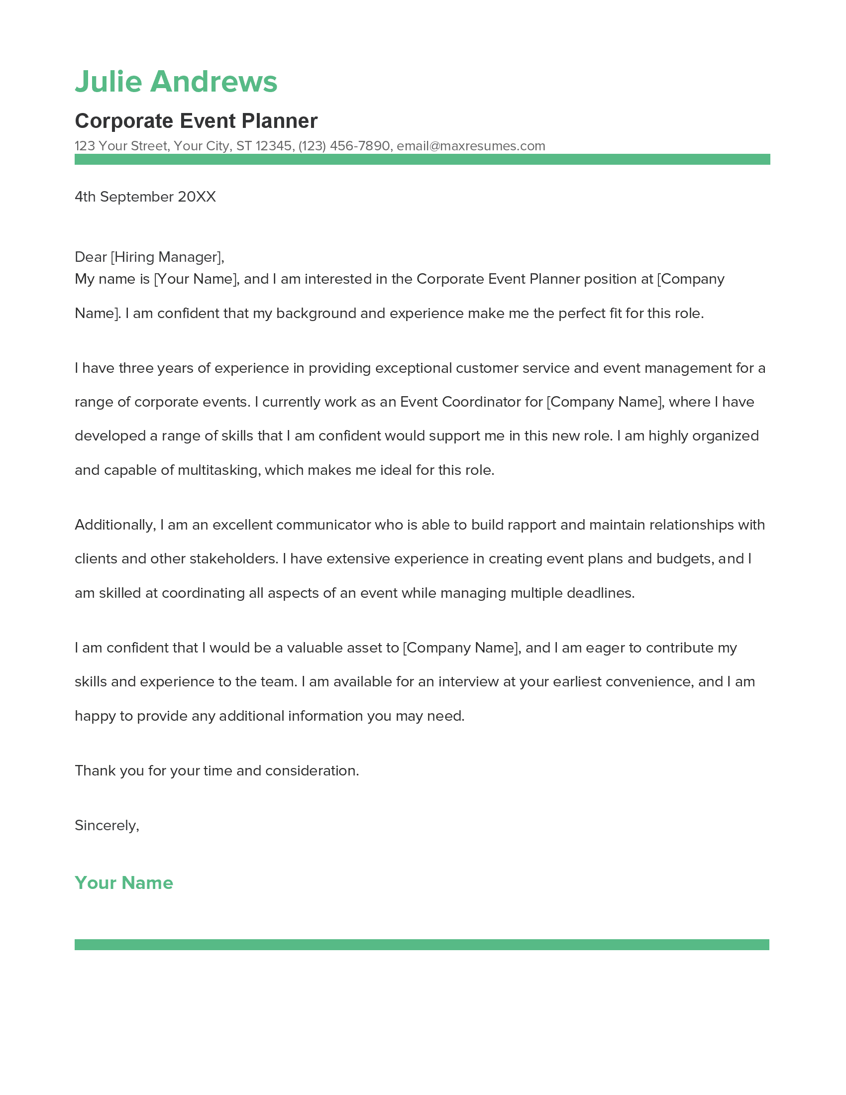 Corporate Event Planner Cover Letter Example