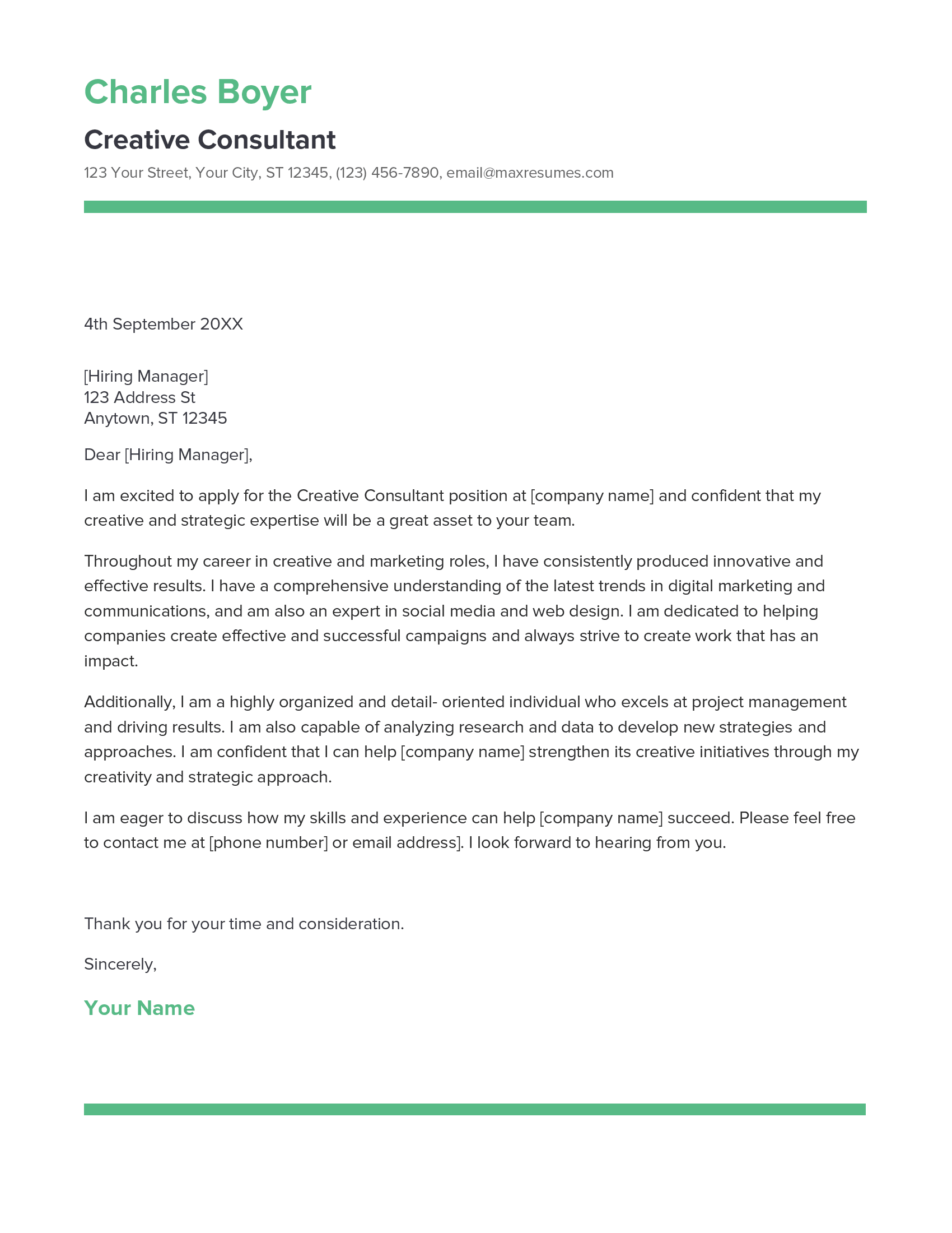 Creative Consultant Cover Letter Example