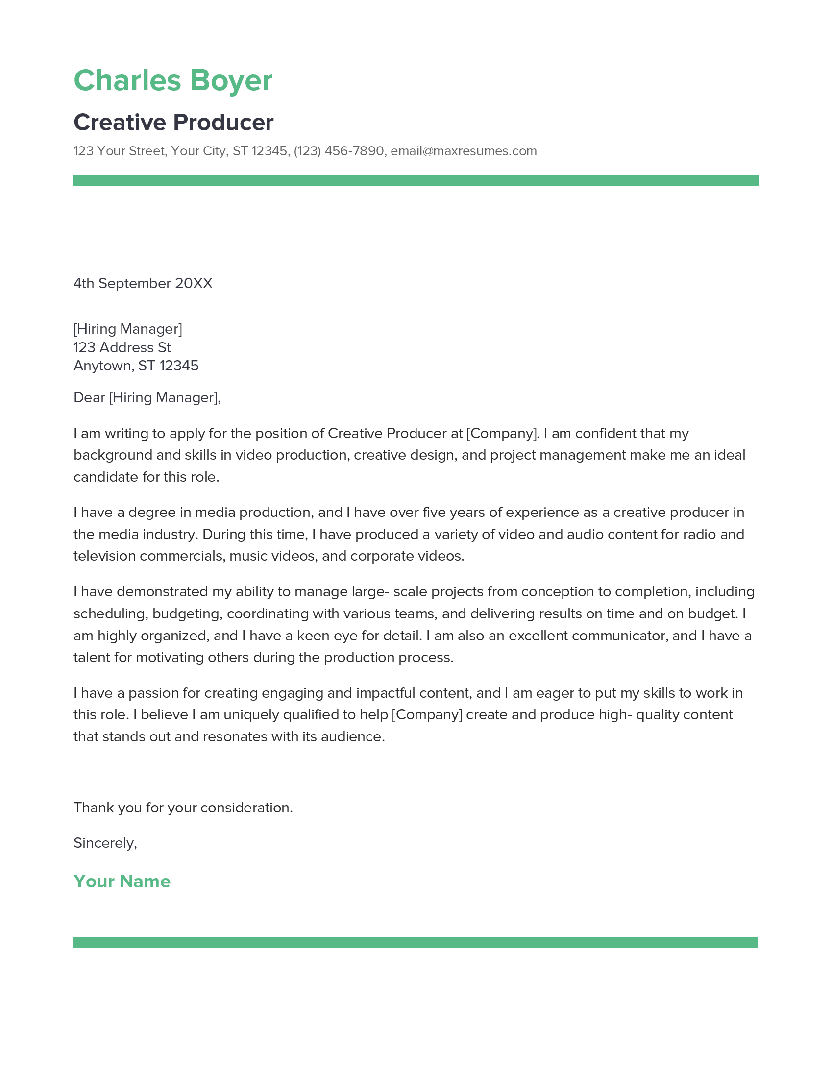 Creative Producer Cover Letter Example