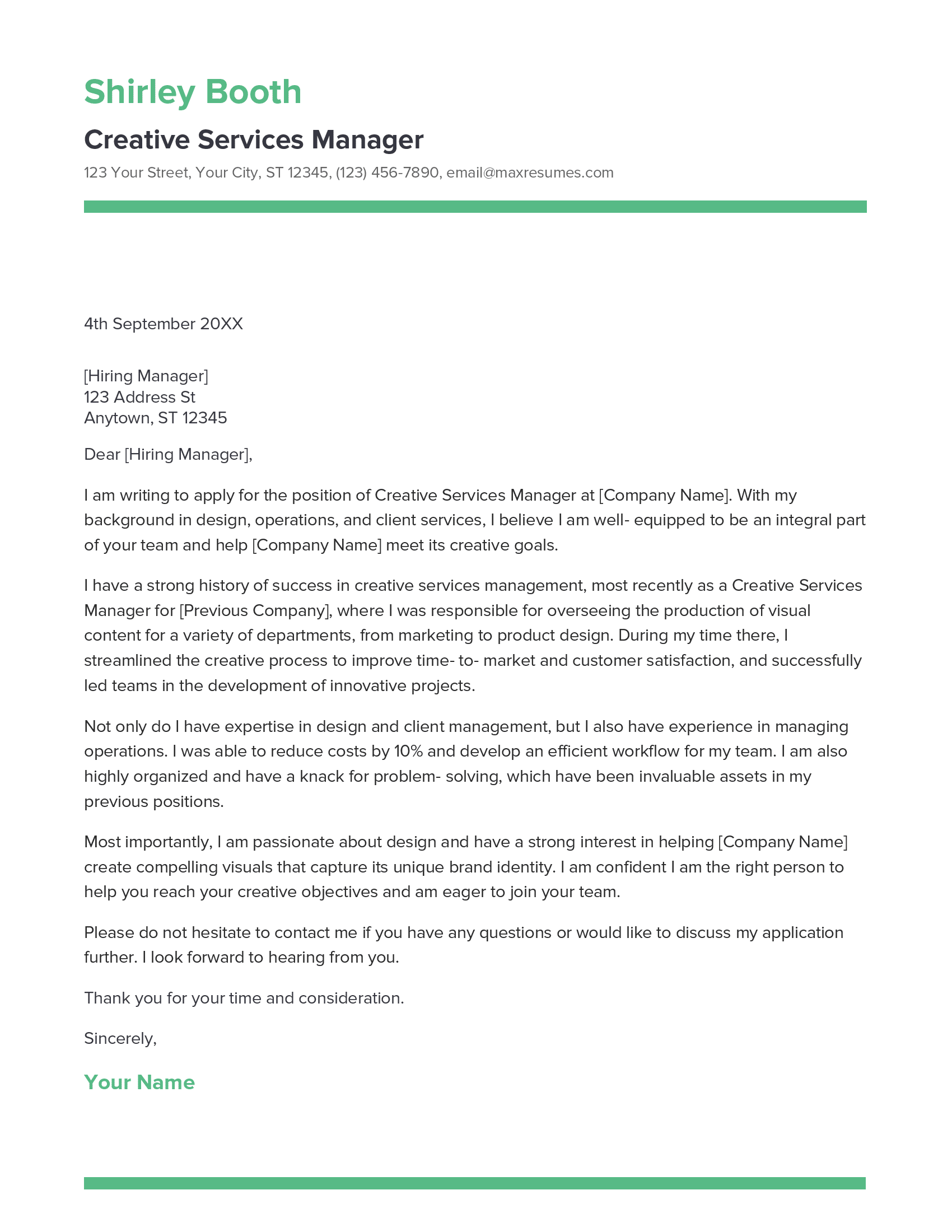 Creative Services Manager Cover Letter Example