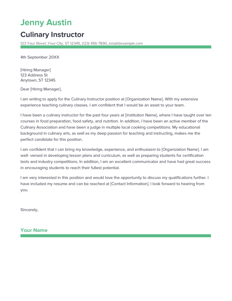 Best Culinary Instructor Cover Letter Example For 2023   Culinary Instructor Cover Letter 791x1024 