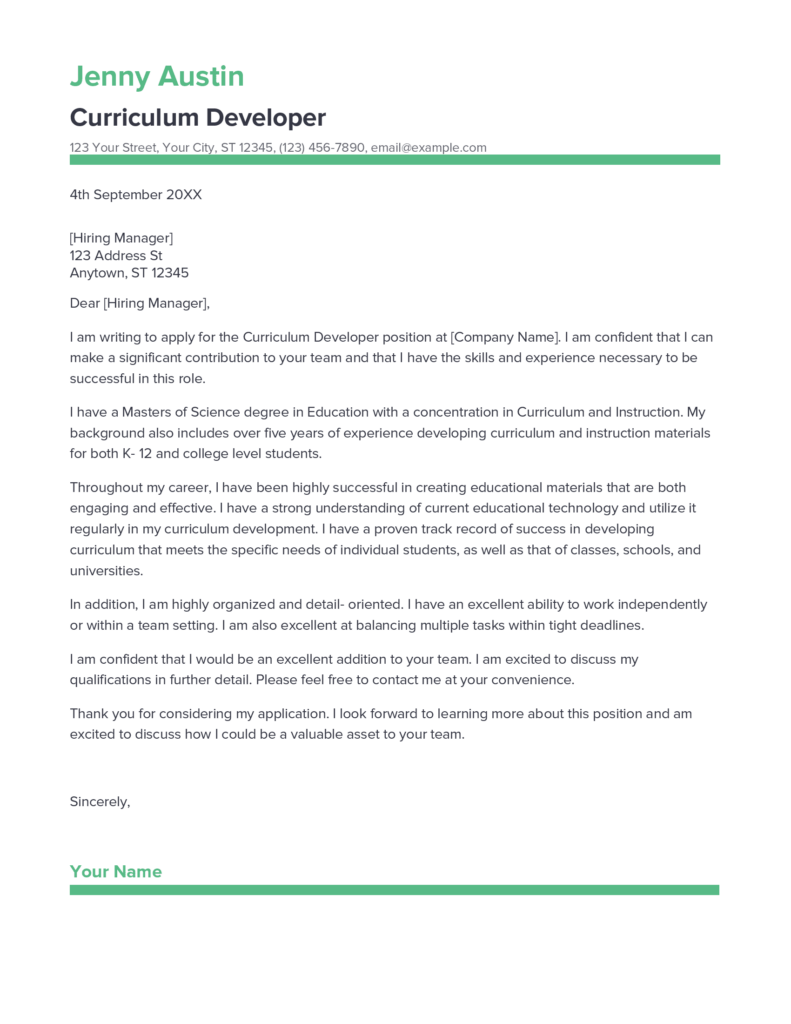 cover letter examples for curriculum developer