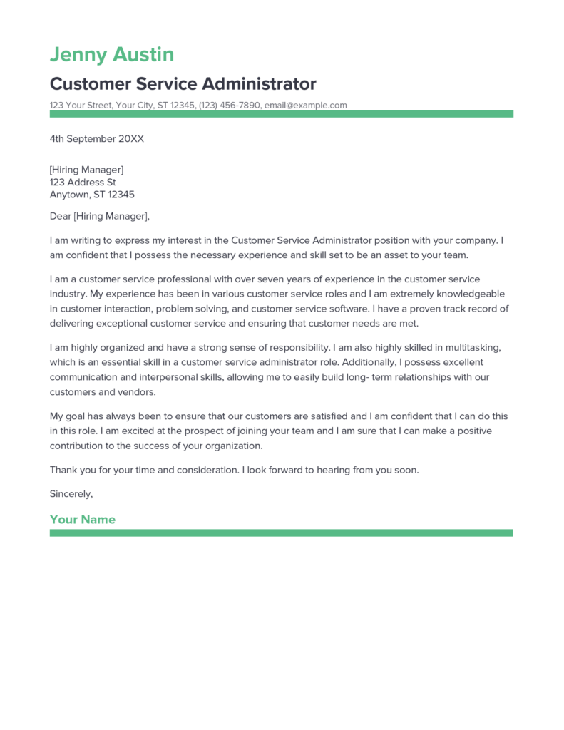 Best Customer Service Administrator Cover Letter Example for 2023