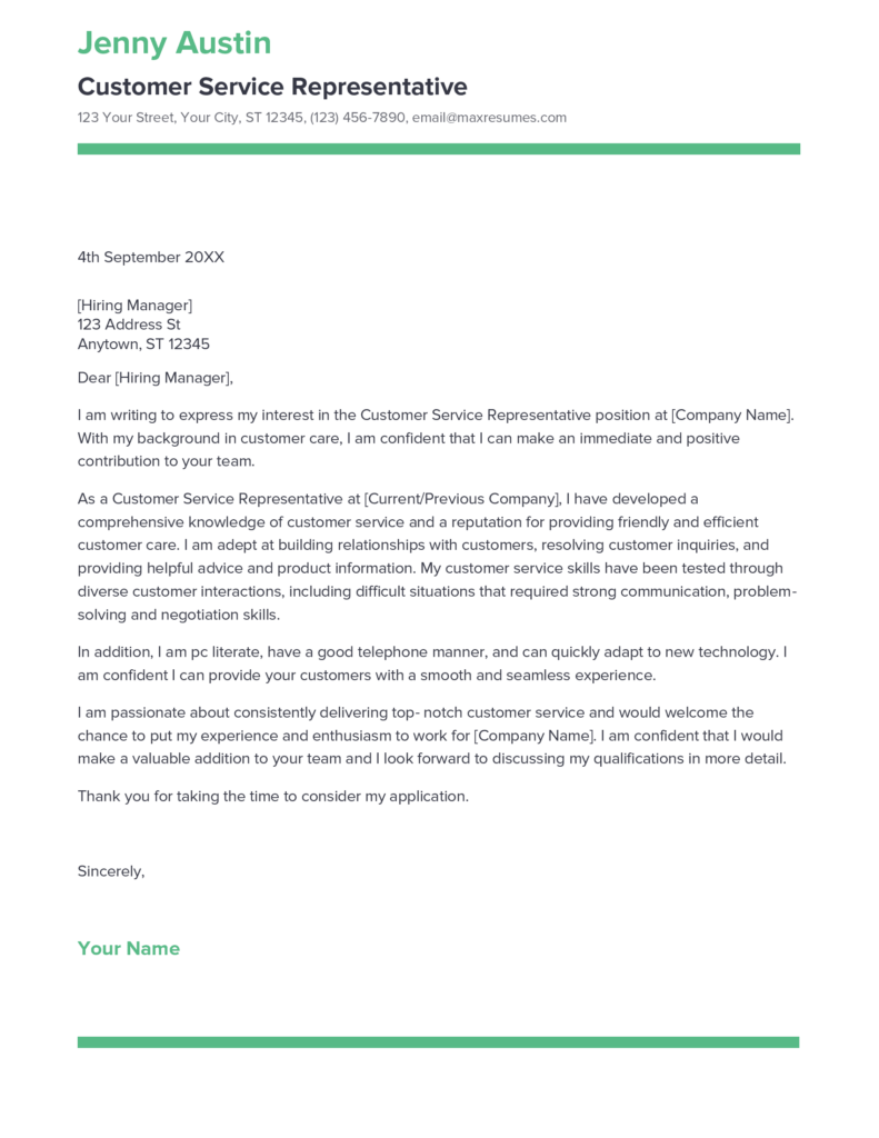 Best Customer Service Representative Cover Letter Example for 2023