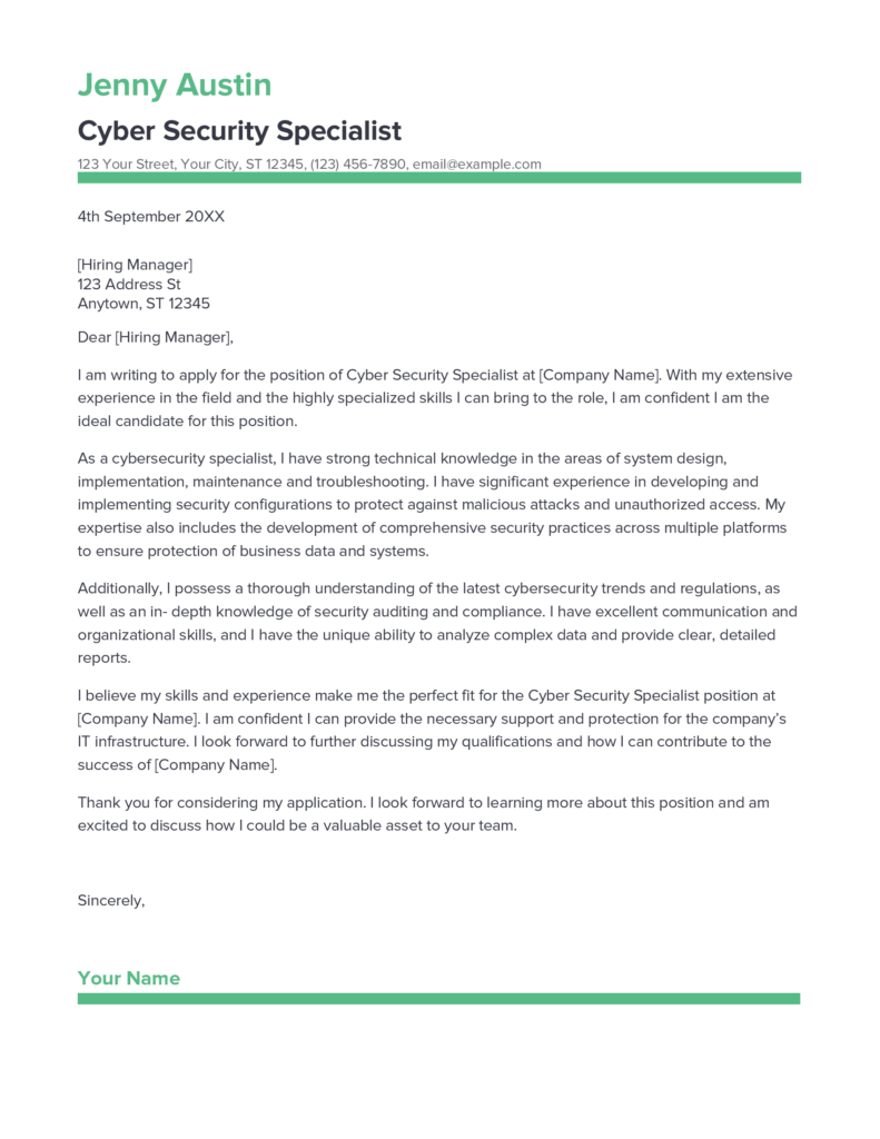 Best Cyber Security Specialist Cover Letter Example for 2023