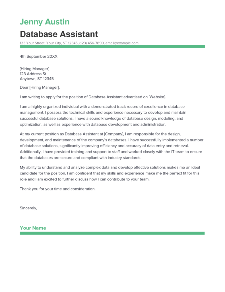 Best Database Assistant Cover Letter Example for 2023