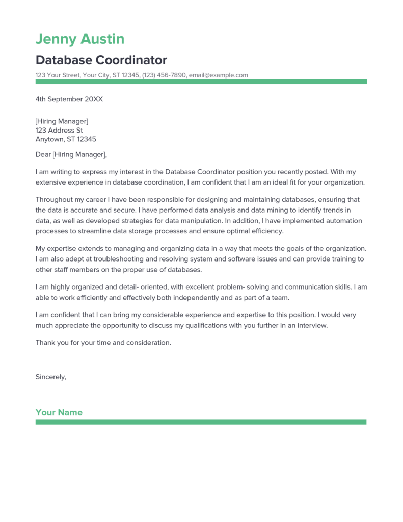 Best Database Coordinator Cover Letter Example for 2023