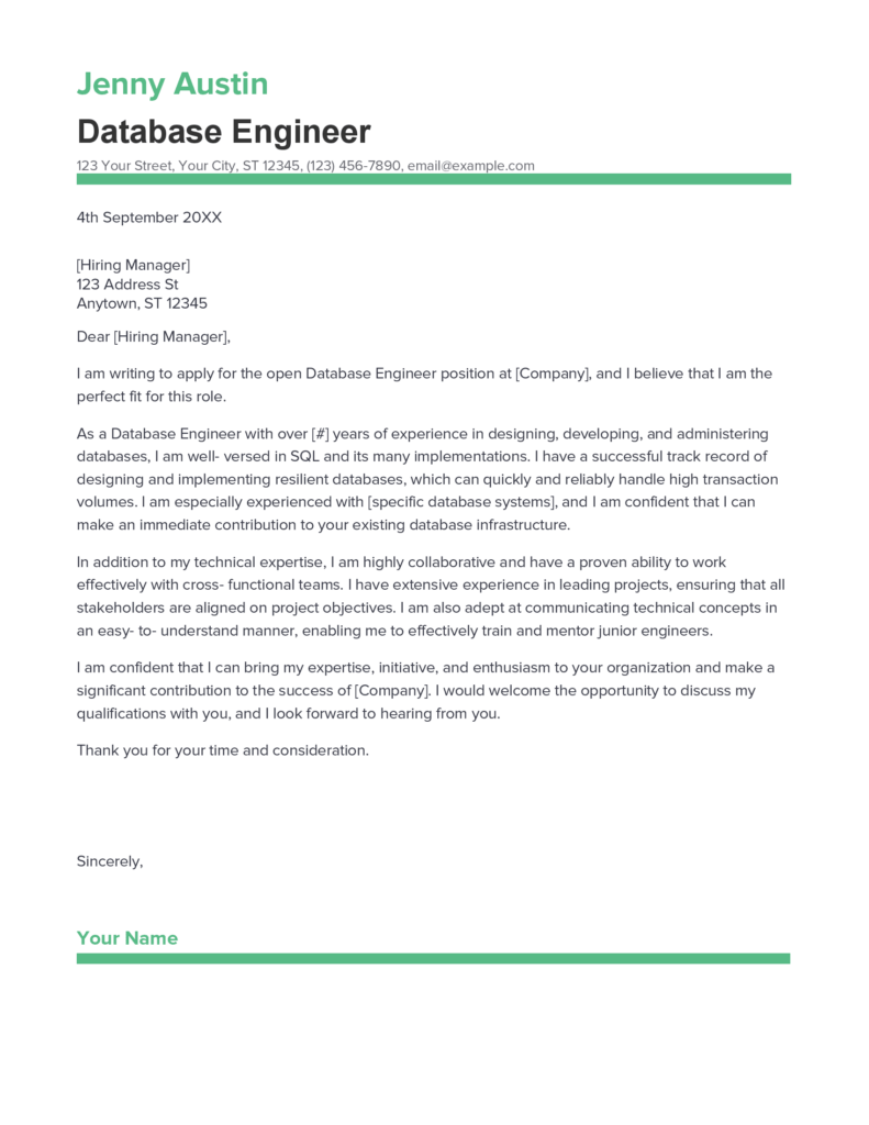 Best Database Engineer Cover Letter Example for 2023