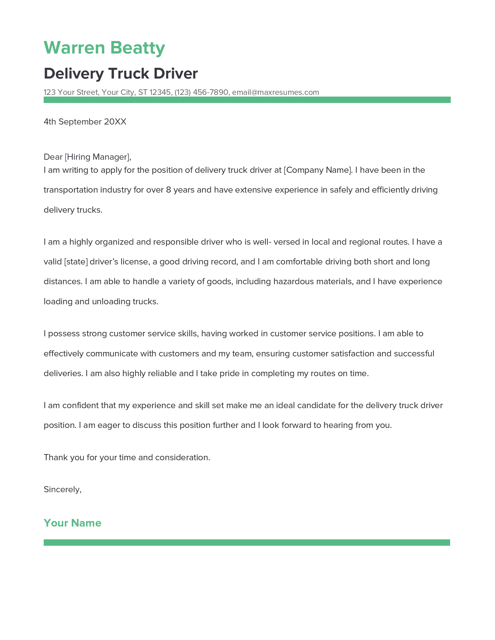 Delivery Truck Driver Cover Letter Example