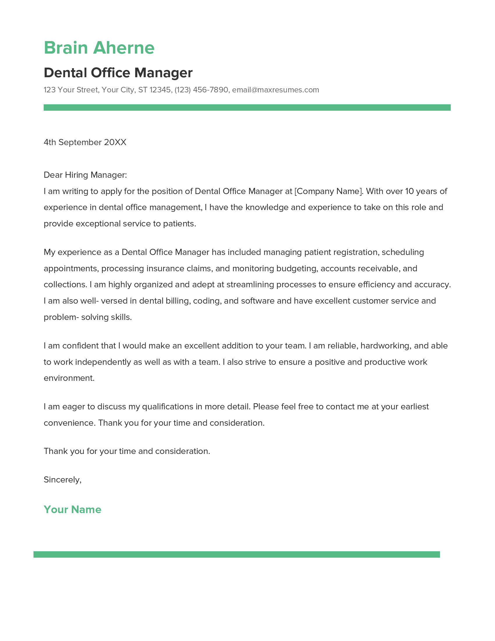 Dental Office Manager Cover Letter Example