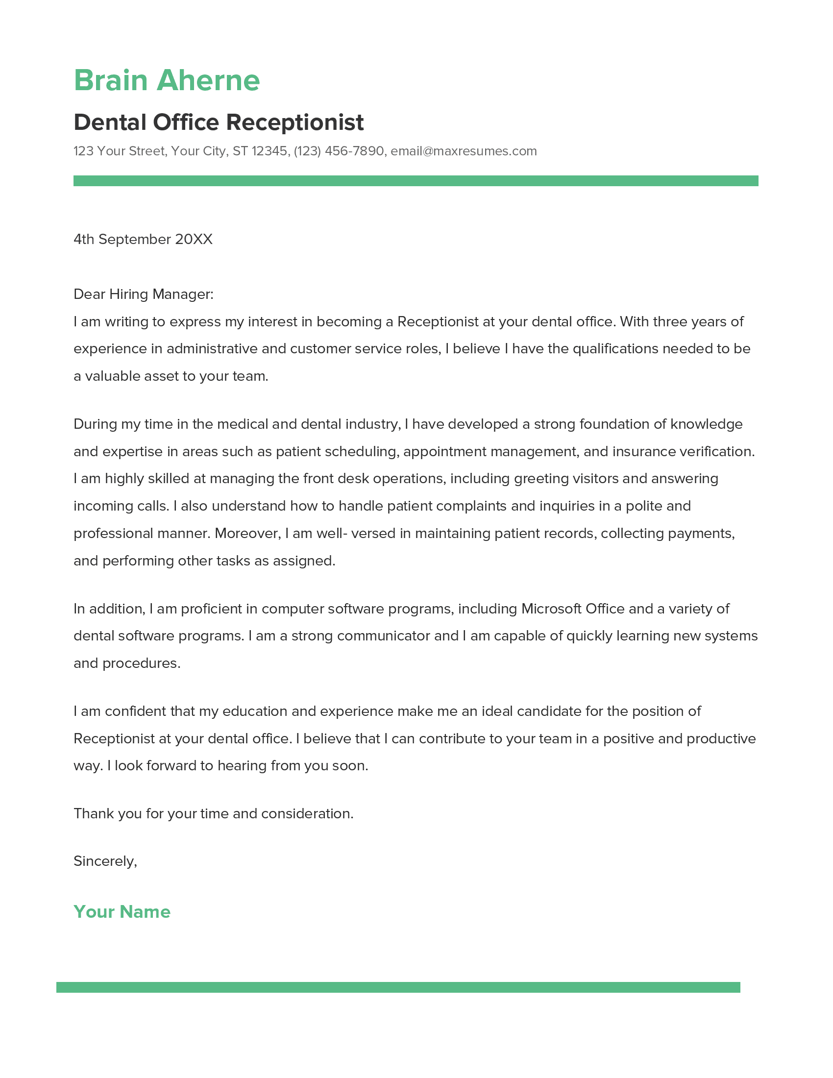 Dental Office Receptionist Cover Letter Example