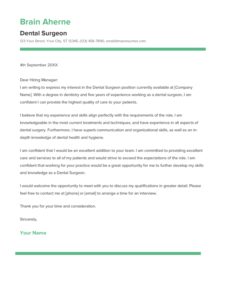 Best Dental Surgeon Cover Letter Example for 2023