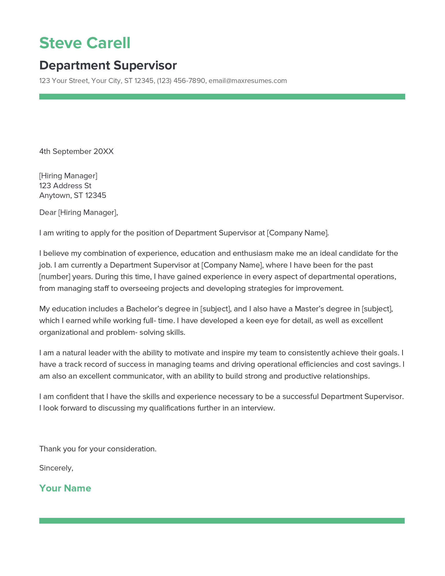 Department Supervisor Cover Letter Example