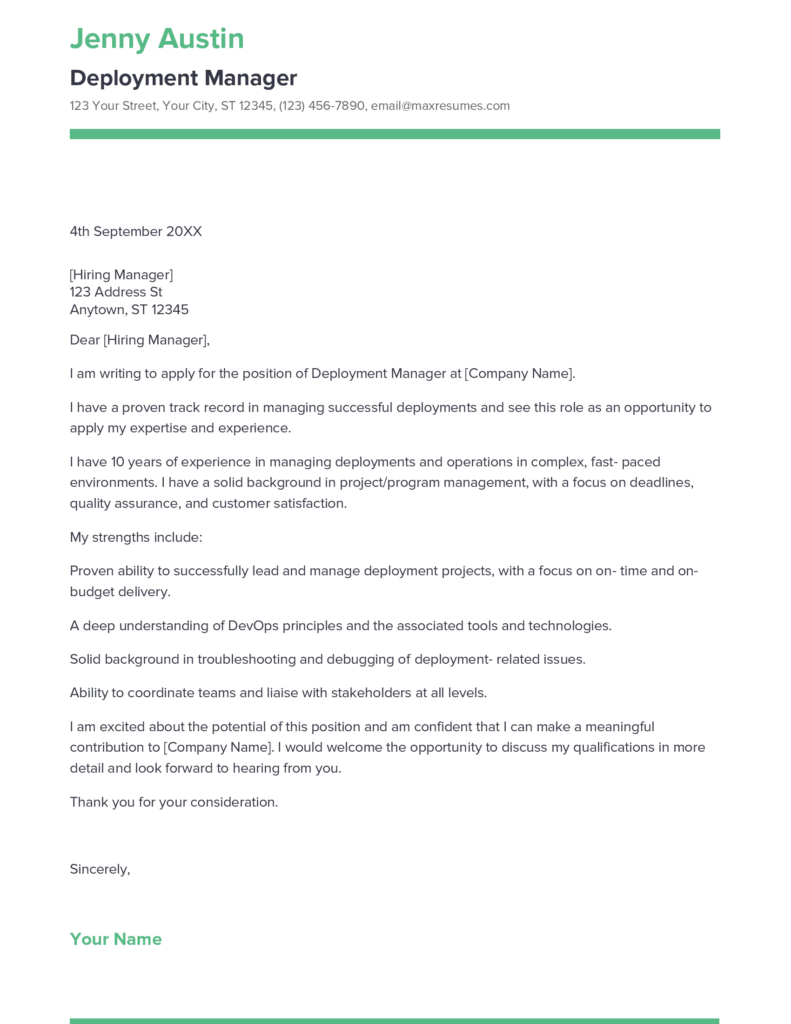 Best Deployment Manager Cover Letter Example for 2023