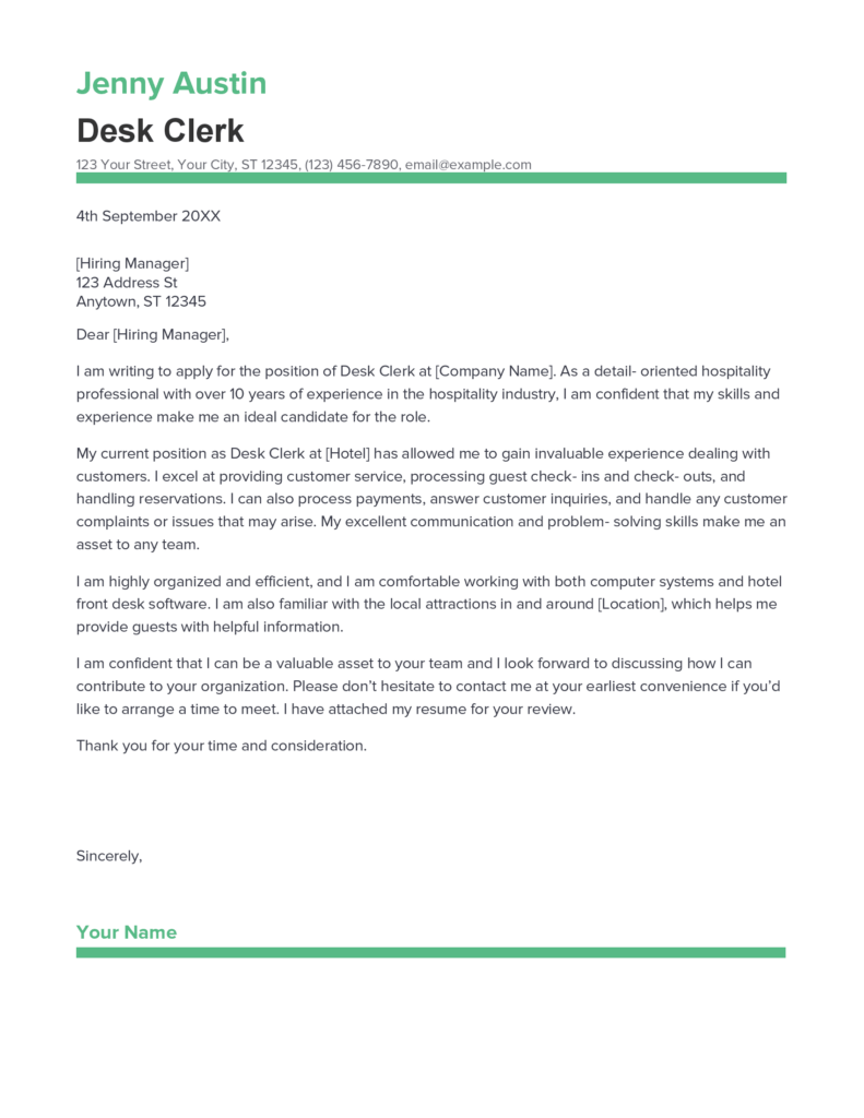 Best Desk Clerk Cover Letter Example for 2023